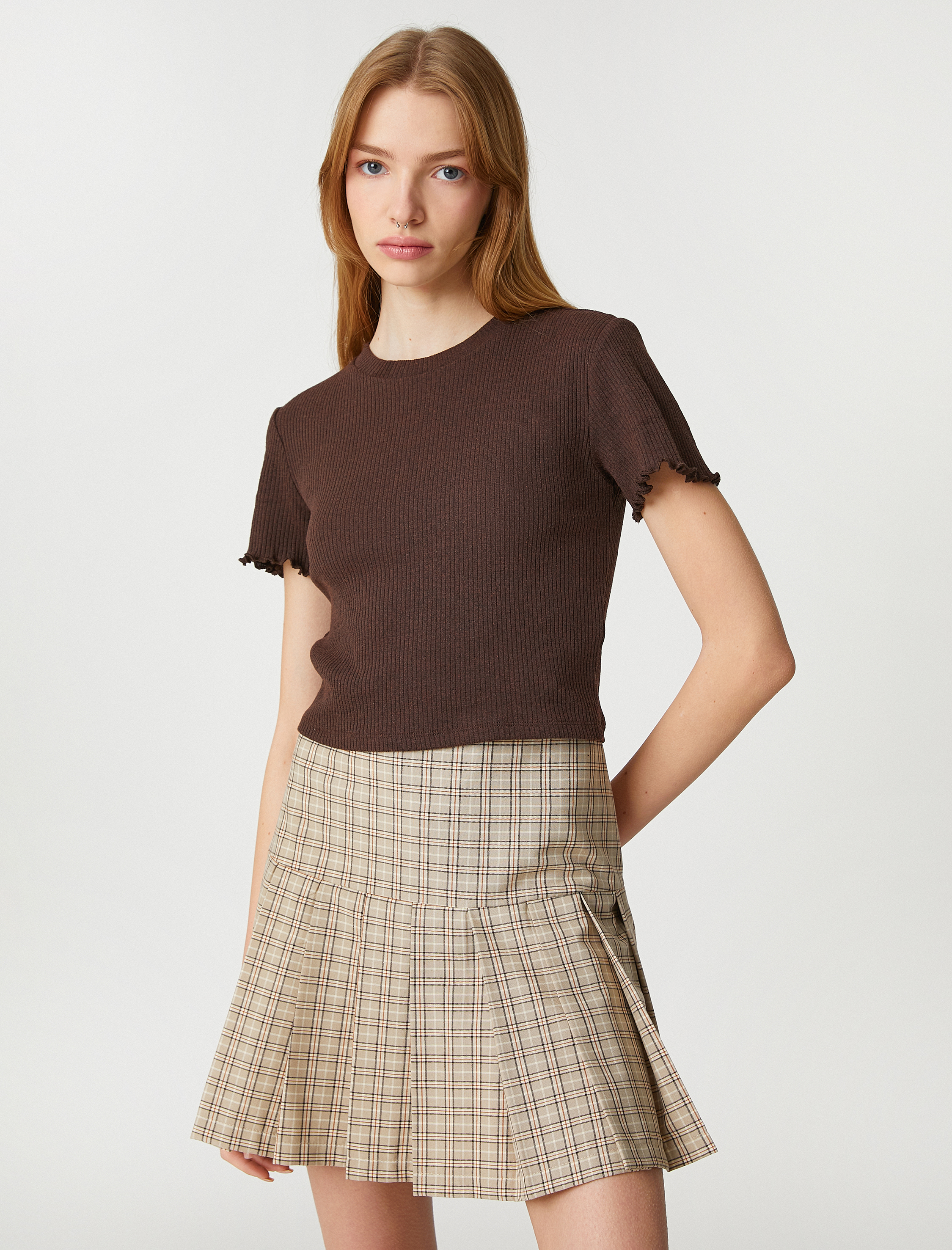   Crop Tişört Kısa Kollu Bisiklet Yaka Dokulu