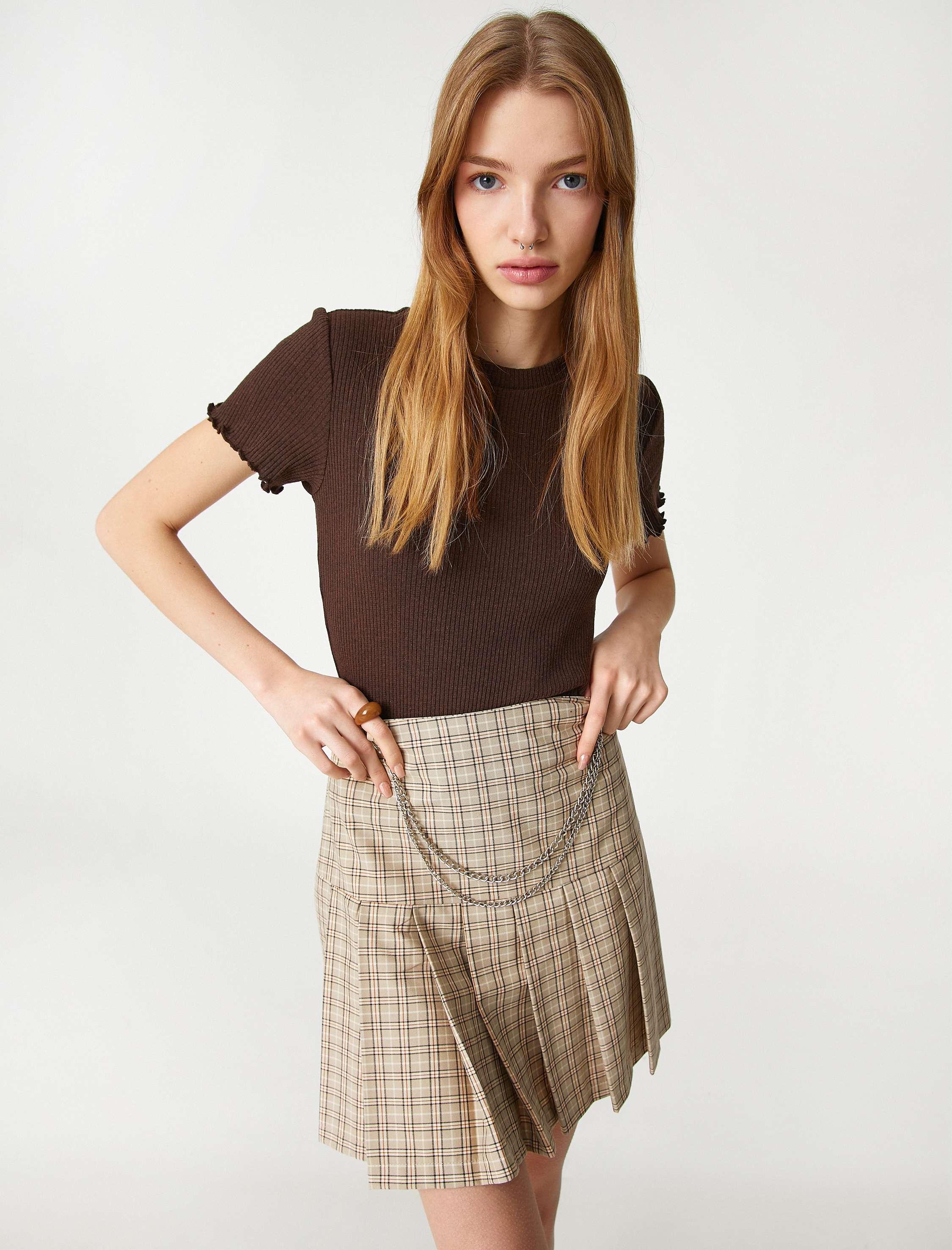   Crop Tişört Kısa Kollu Bisiklet Yaka Dokulu