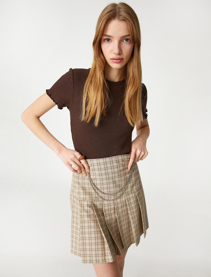  Crop Tişört Kısa Kollu Bisiklet Yaka Dokulu