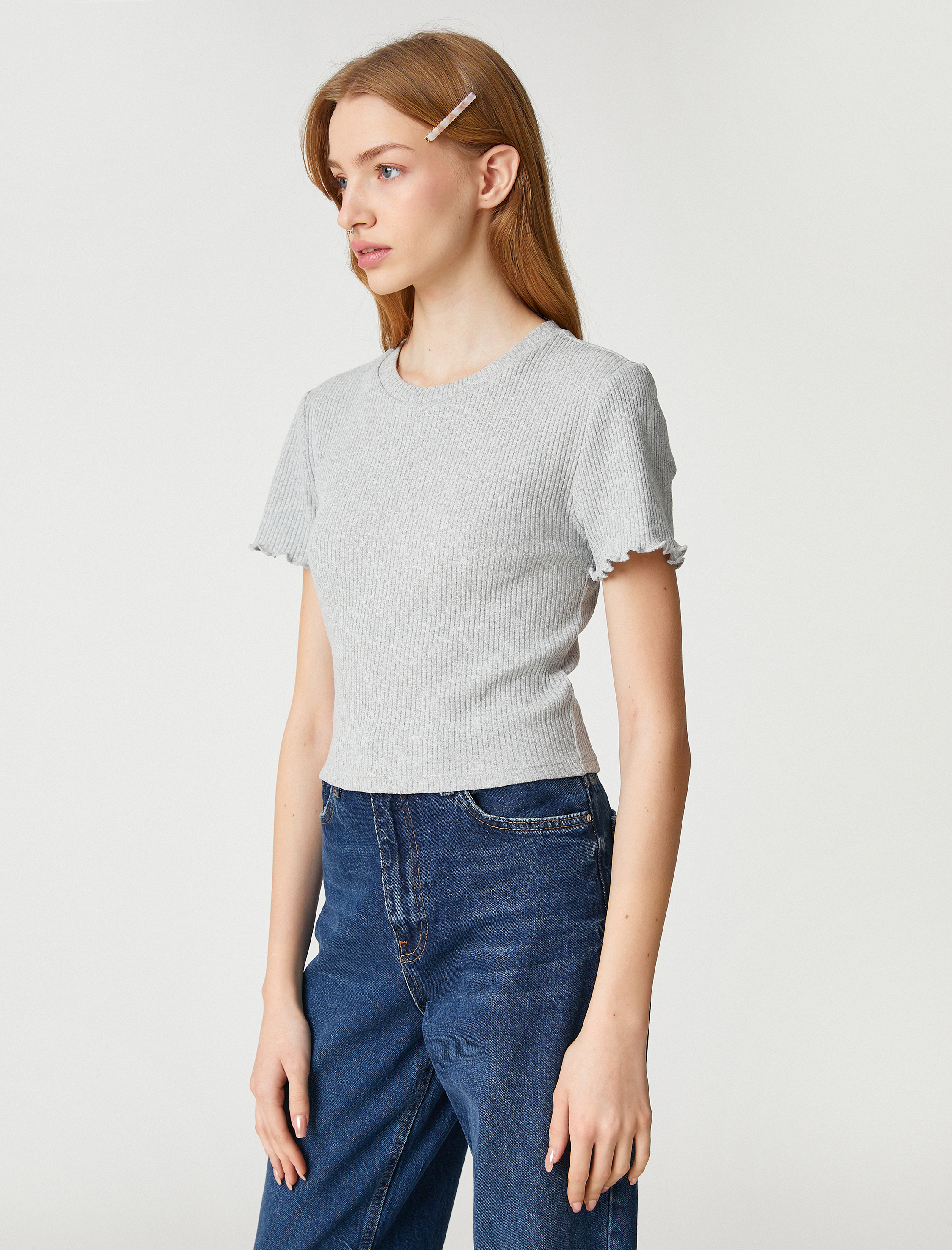   Crop Tişört Kısa Kollu Bisiklet Yaka Dokulu