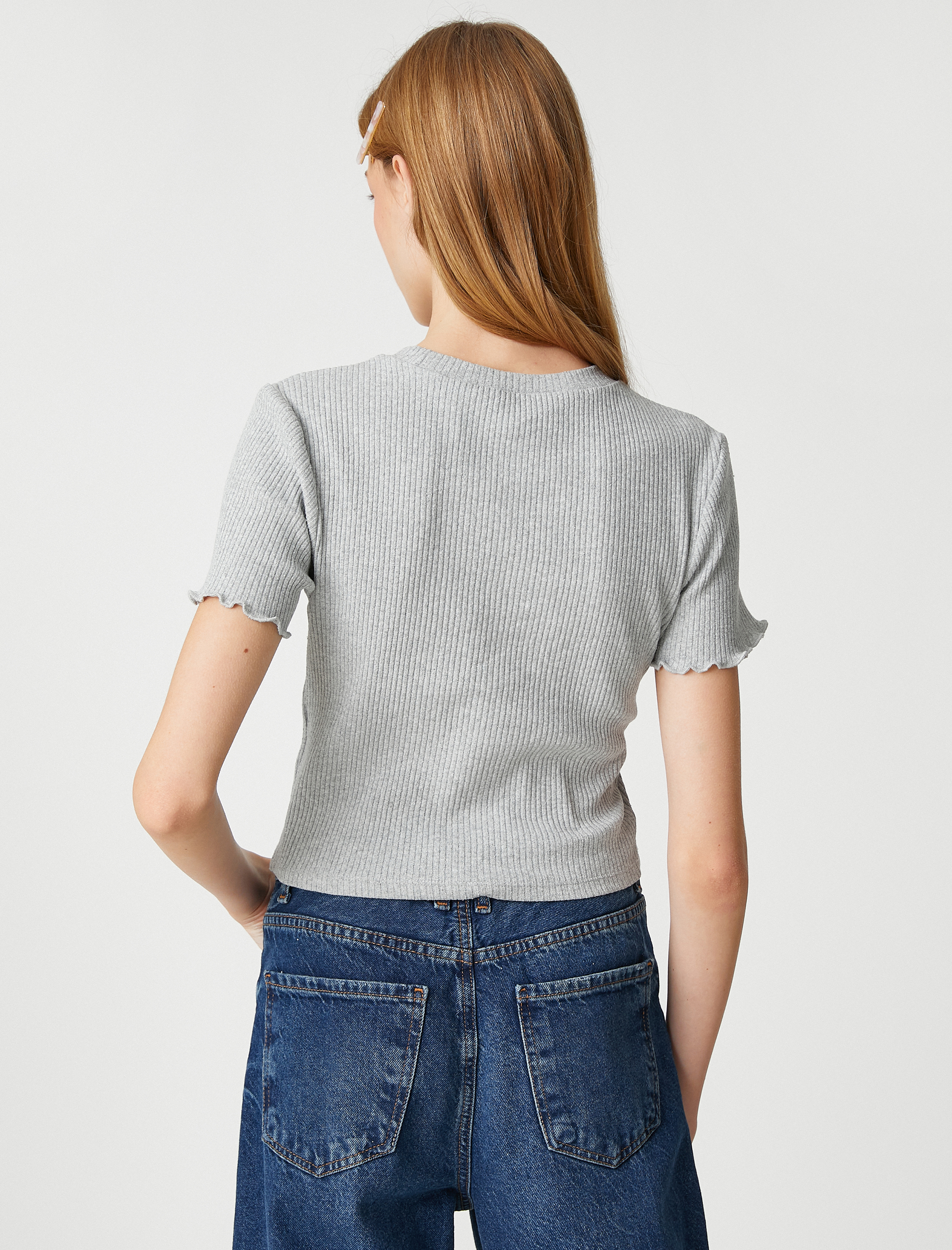   Crop Tişört Kısa Kollu Bisiklet Yaka Dokulu