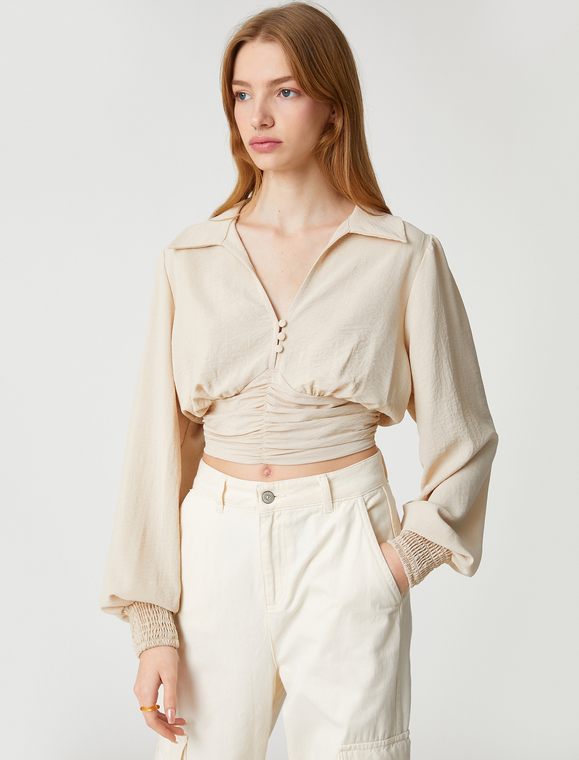 Crop Bluz Balon Kollu Gipeli Gömlek Yaka Düğmeli