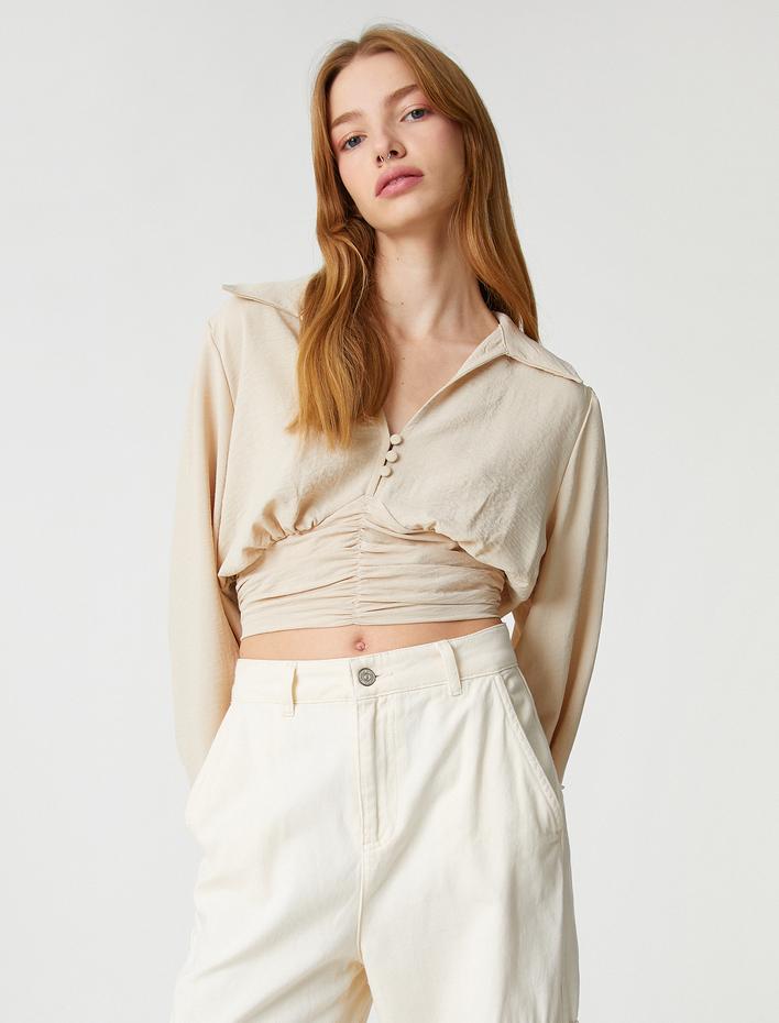  Crop Bluz Balon Kollu Gipeli Gömlek Yaka Düğmeli