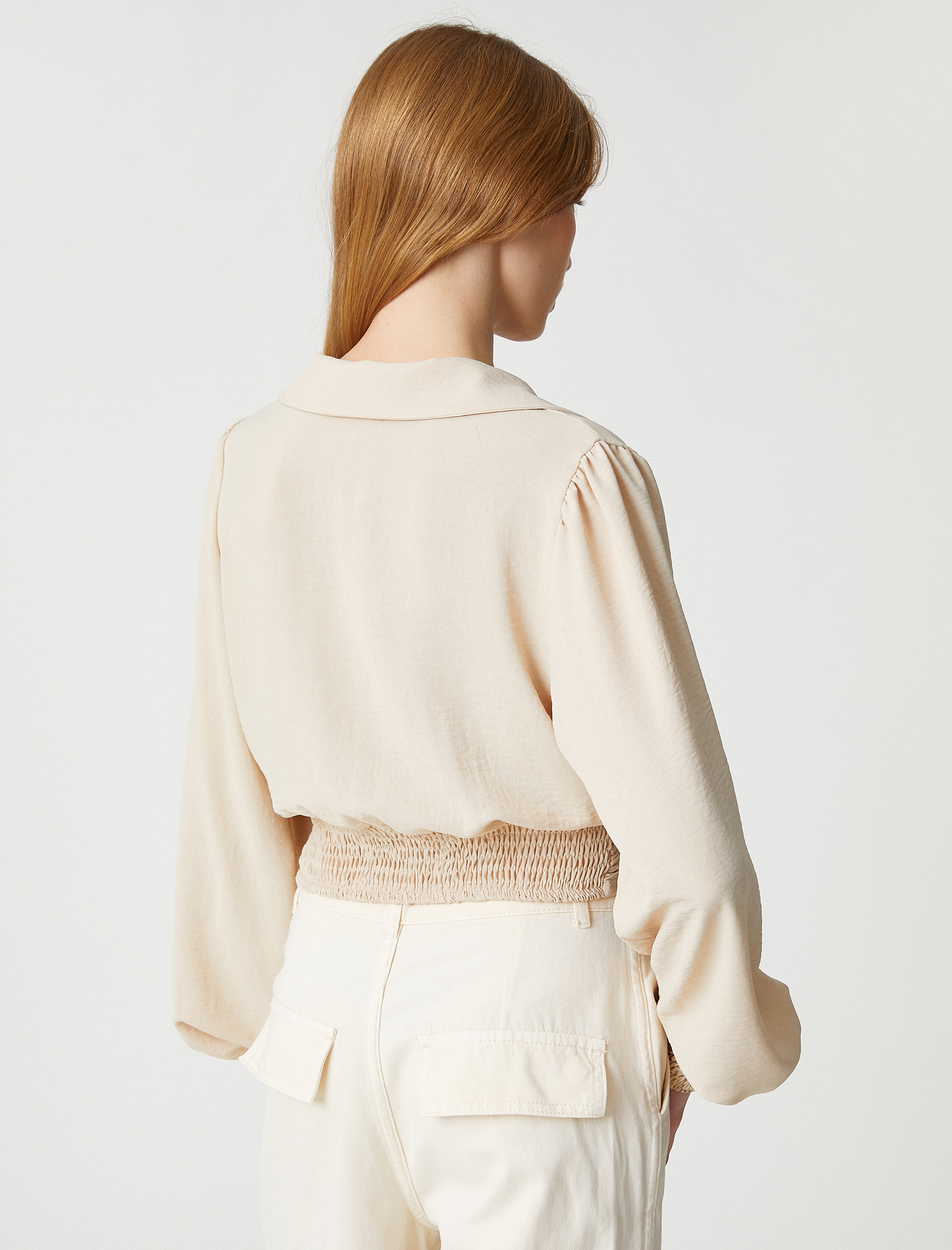 Crop Bluz Balon Kollu Gipeli Gömlek Yaka Düğmeli