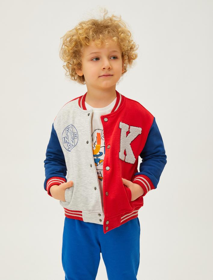 Erkek Bebek Kolej Ceket Renk Bloklu Cepli Çıtçıt Kapamalı Yuvarlak Yaka Pamuklu