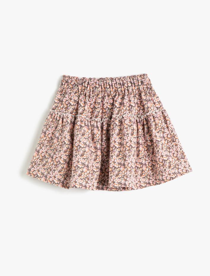 Kız Çocuk Mini Etek Çiçekli Katlı Beli Lastikli Şardonlu