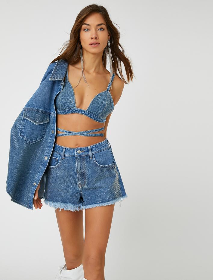  Kot Şort Dokulu Eskitme Detaylı Cepli Standart Bel