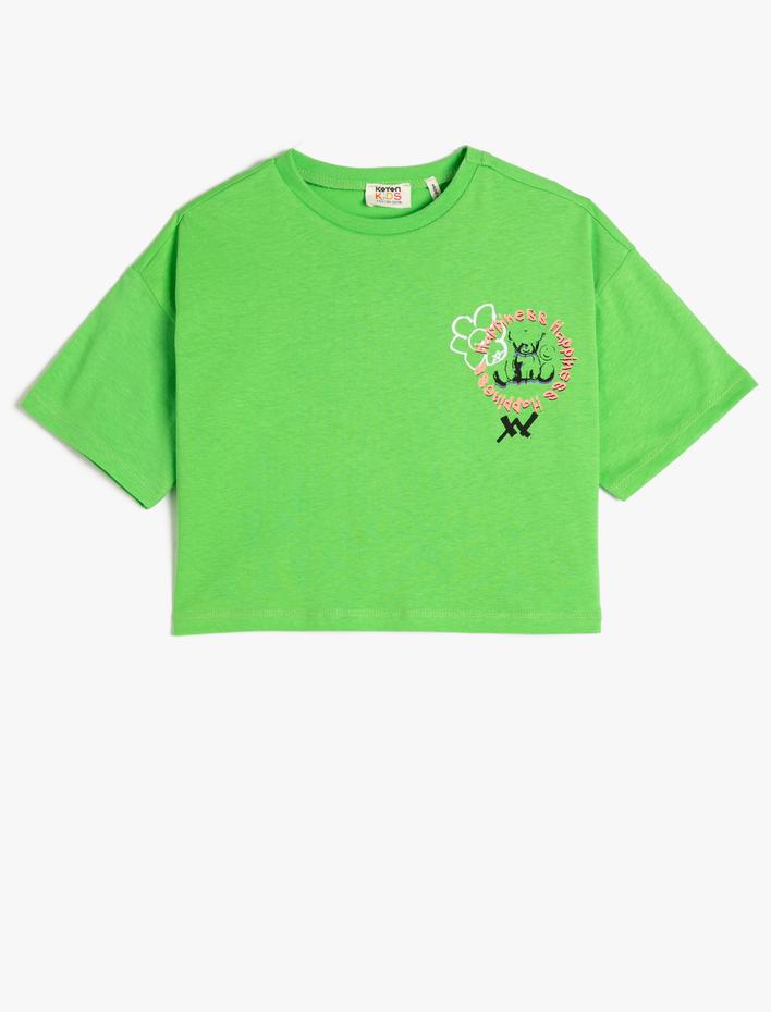 Kız Çocuk Crop Oversize Tişört Arkası Baskılı Kısa Kollu Bisiklet Yaka Pamuklu