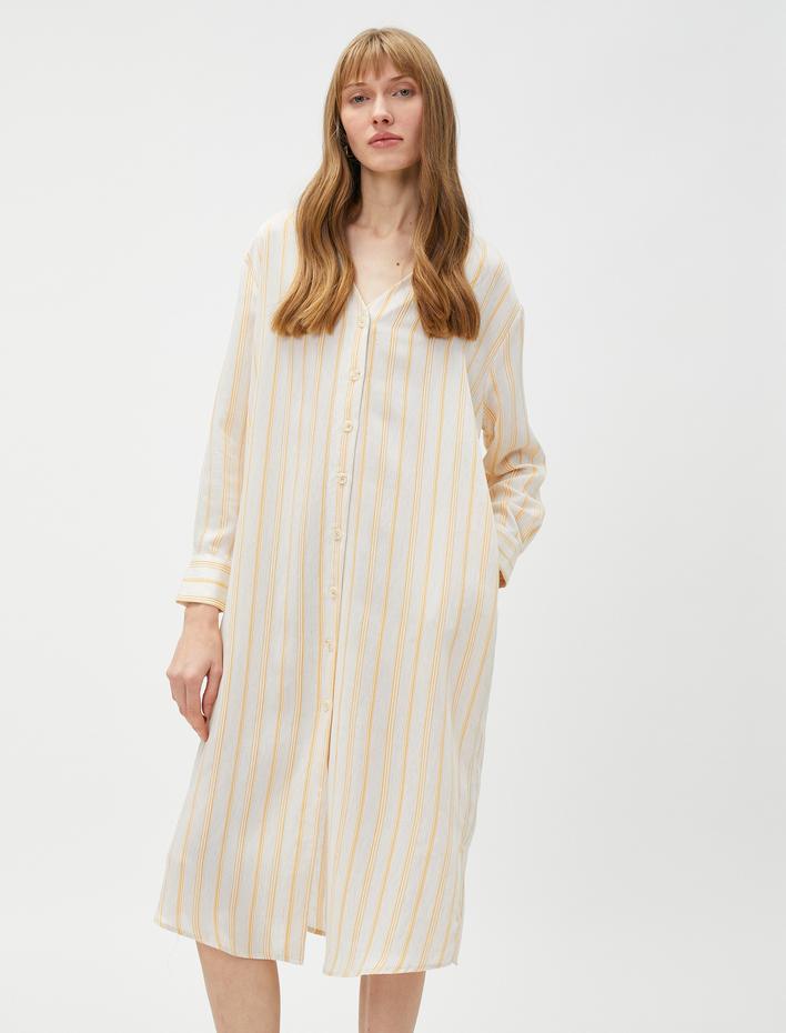  Midi Gömlek Elbise V Yaka Keten Karışımlı