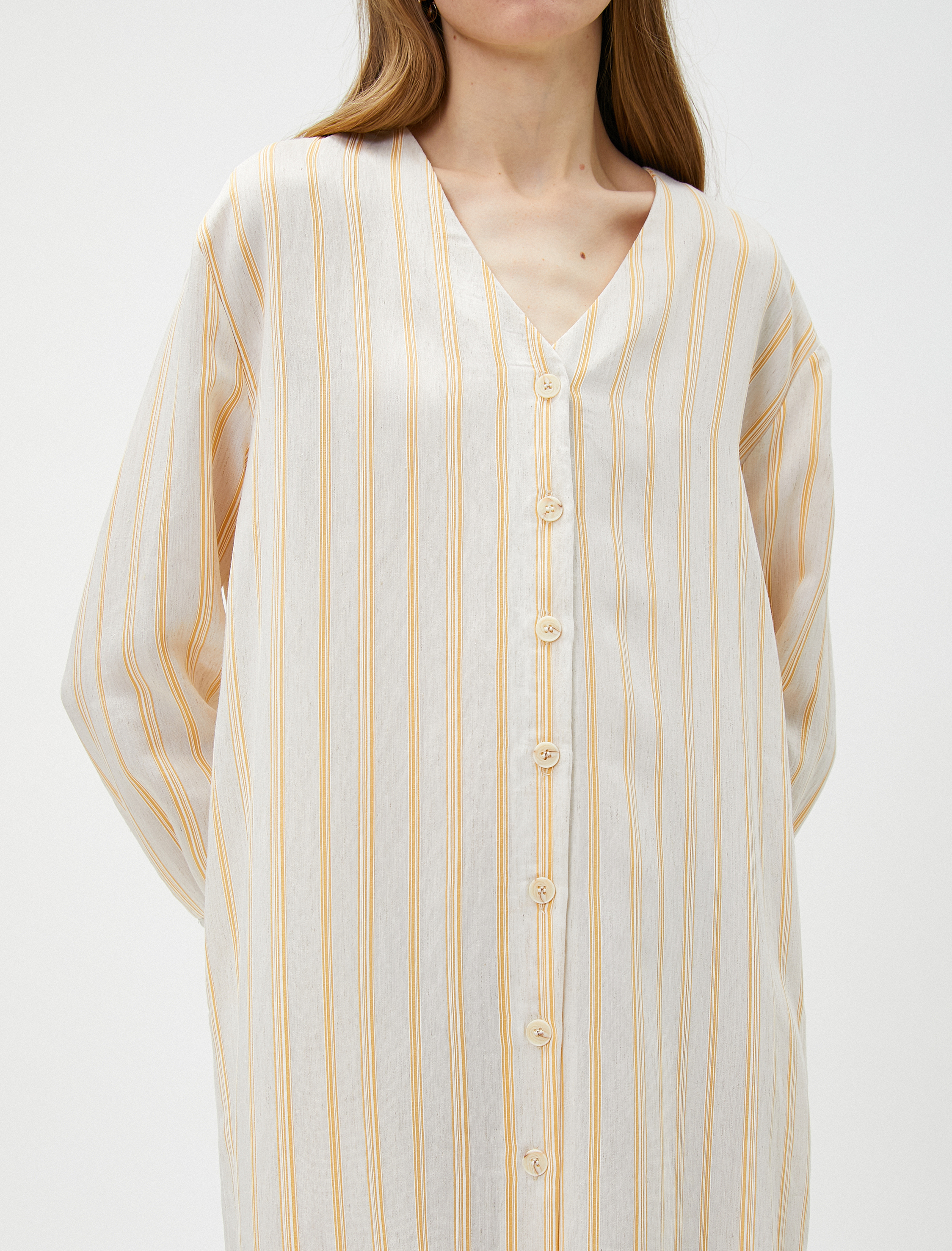 Midi Gömlek Elbise V Yaka Keten Karışımlı