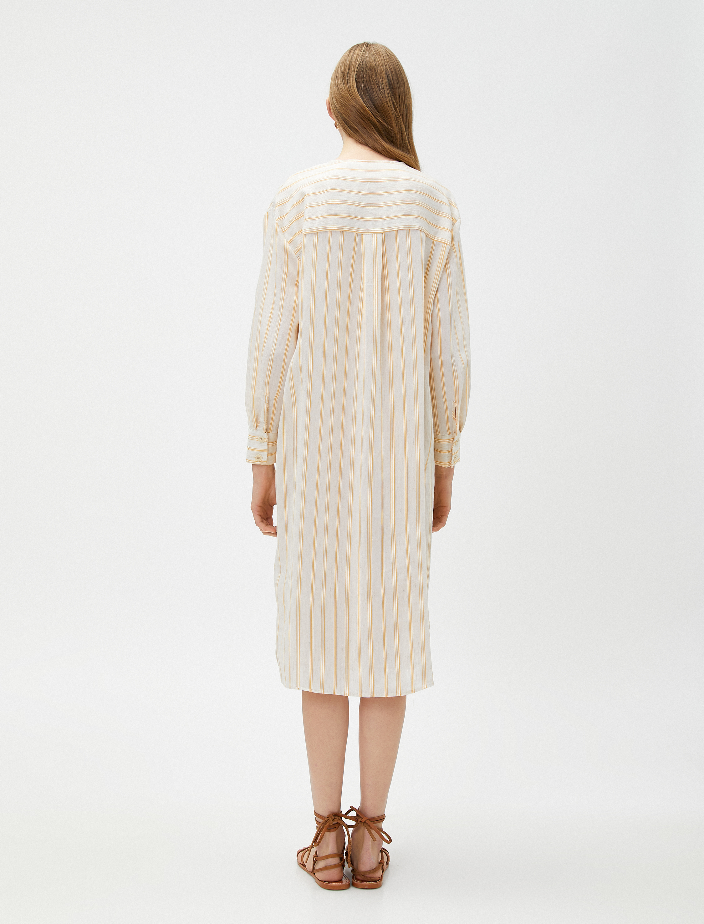 Midi Gömlek Elbise V Yaka Keten Karışımlı