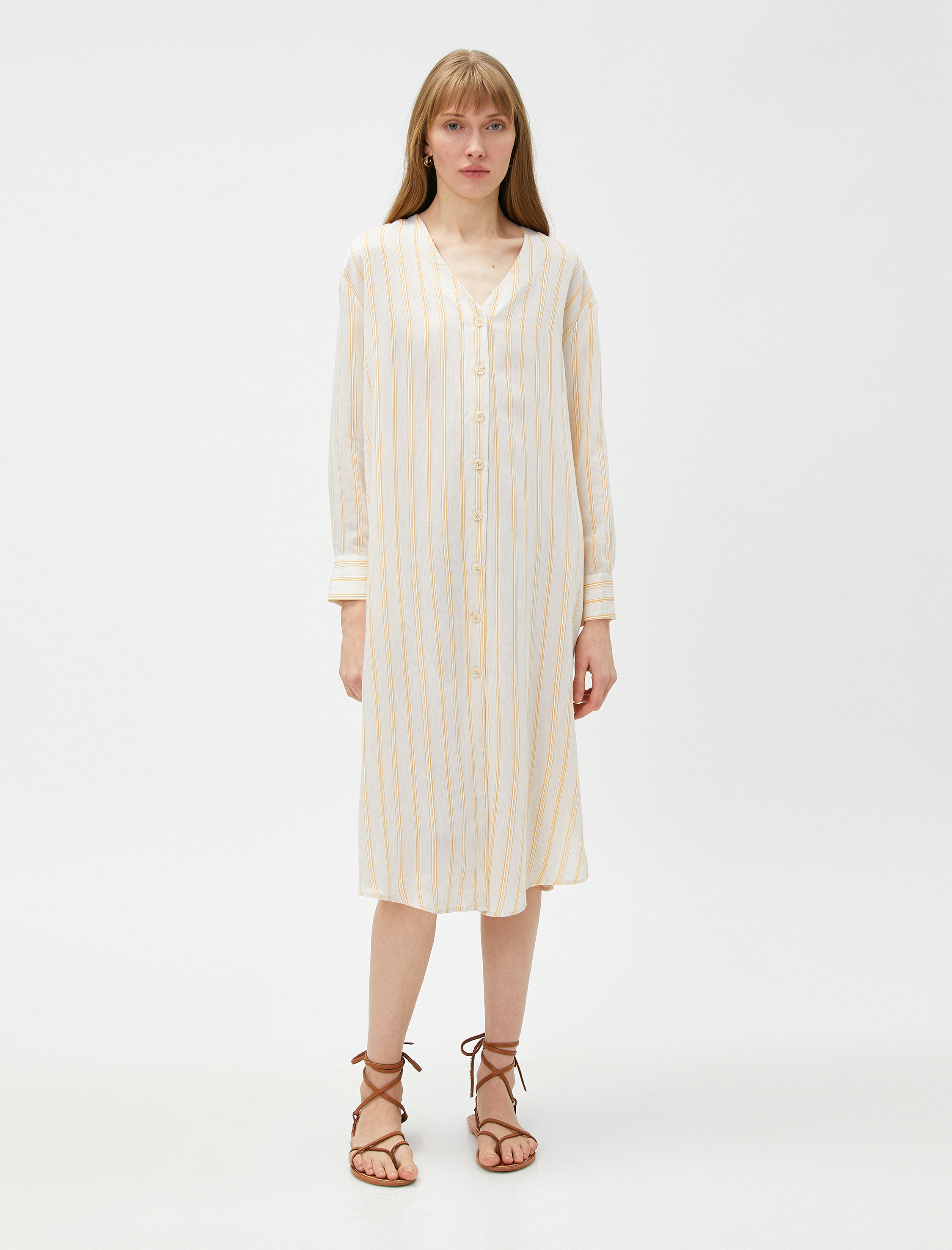 Midi Gömlek Elbise V Yaka Keten Karışımlı