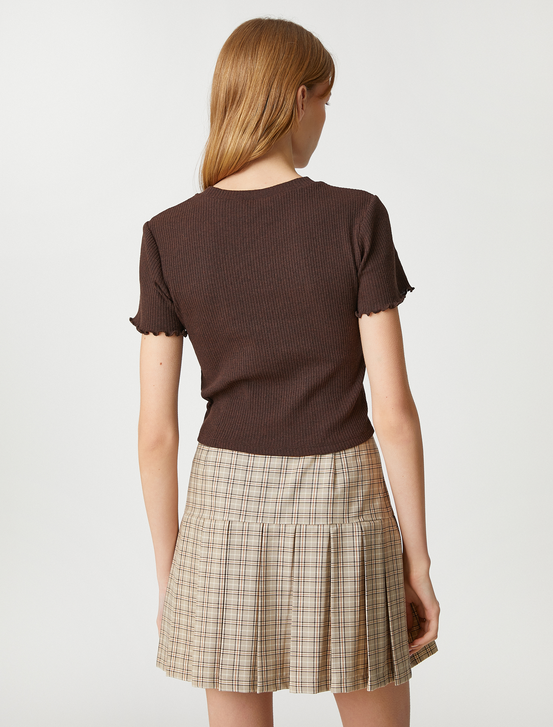   Crop Tişört Kısa Kollu Bisiklet Yaka Dokulu