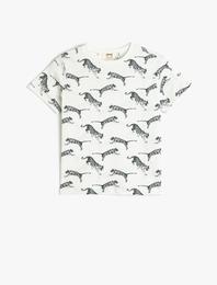 Tişört Kaplan Baskılı Kısa Kollu Bisiklet Yaka Pamuklu