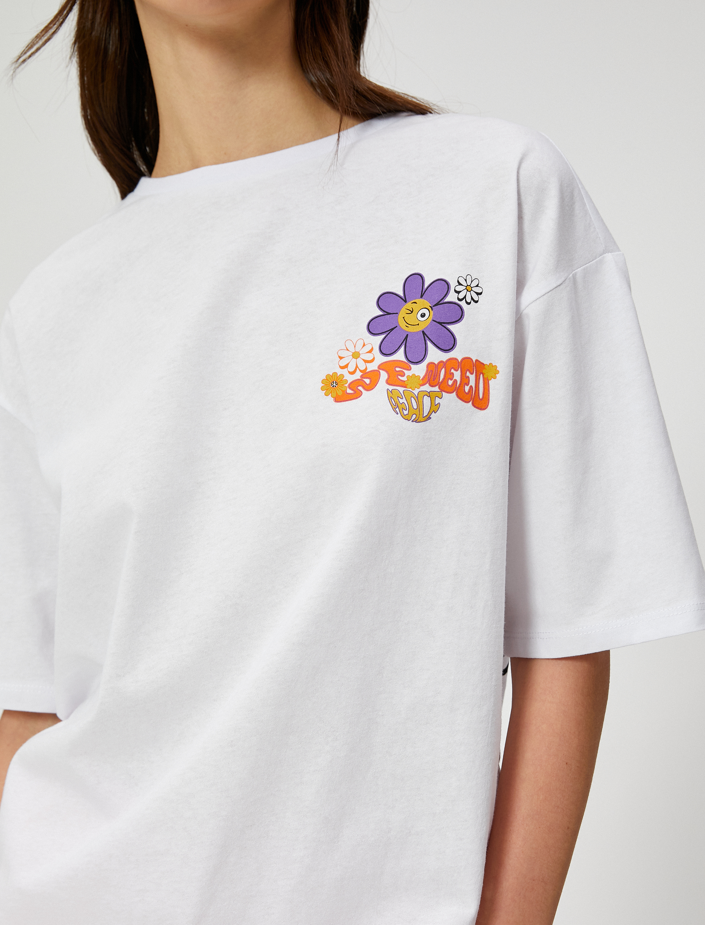   Oversize Tişört Sırt Baskılı Kısa Kollu Bisiklet Yaka Pamuklu