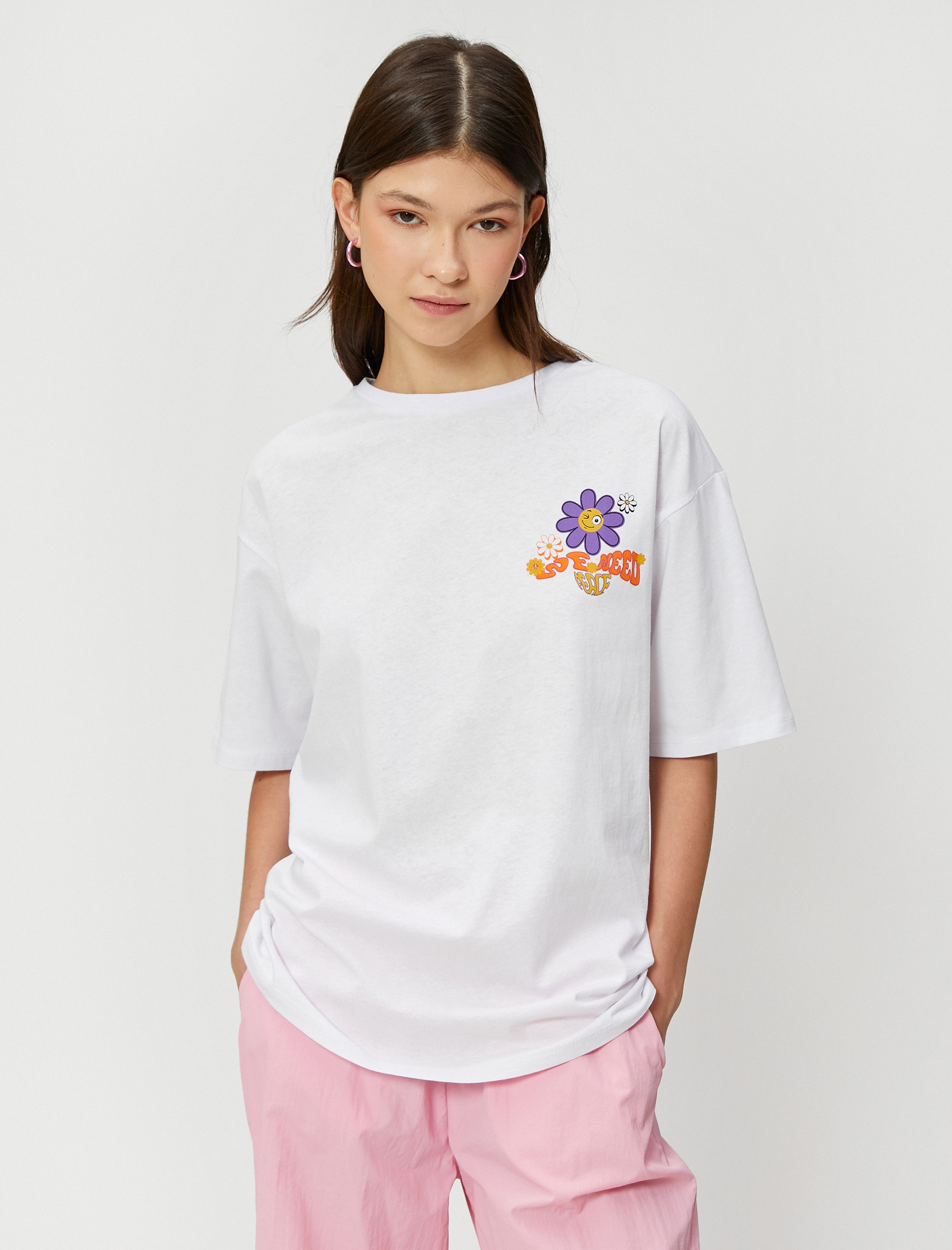   Oversize Tişört Sırt Baskılı Kısa Kollu Bisiklet Yaka Pamuklu