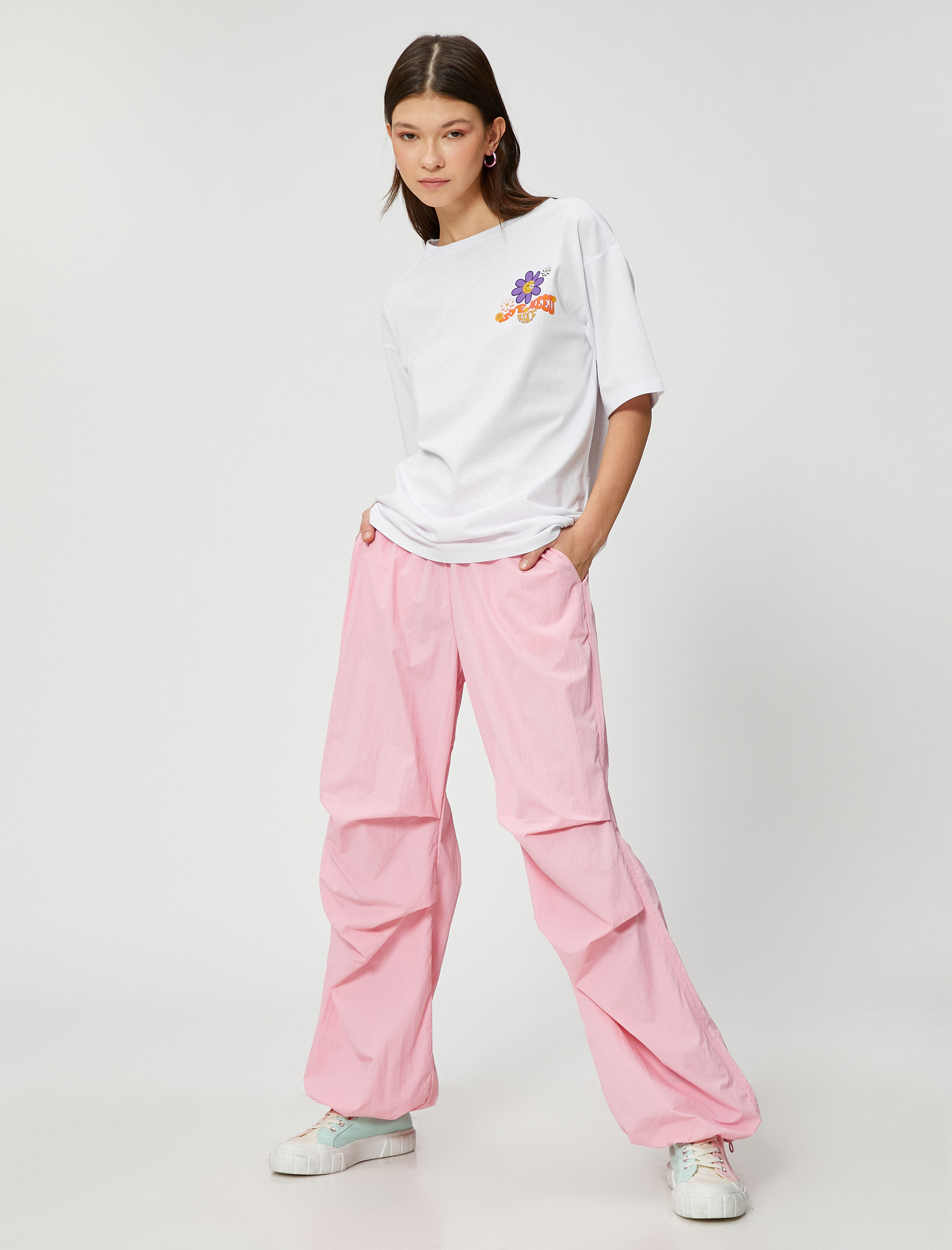   Oversize Tişört Sırt Baskılı Kısa Kollu Bisiklet Yaka Pamuklu