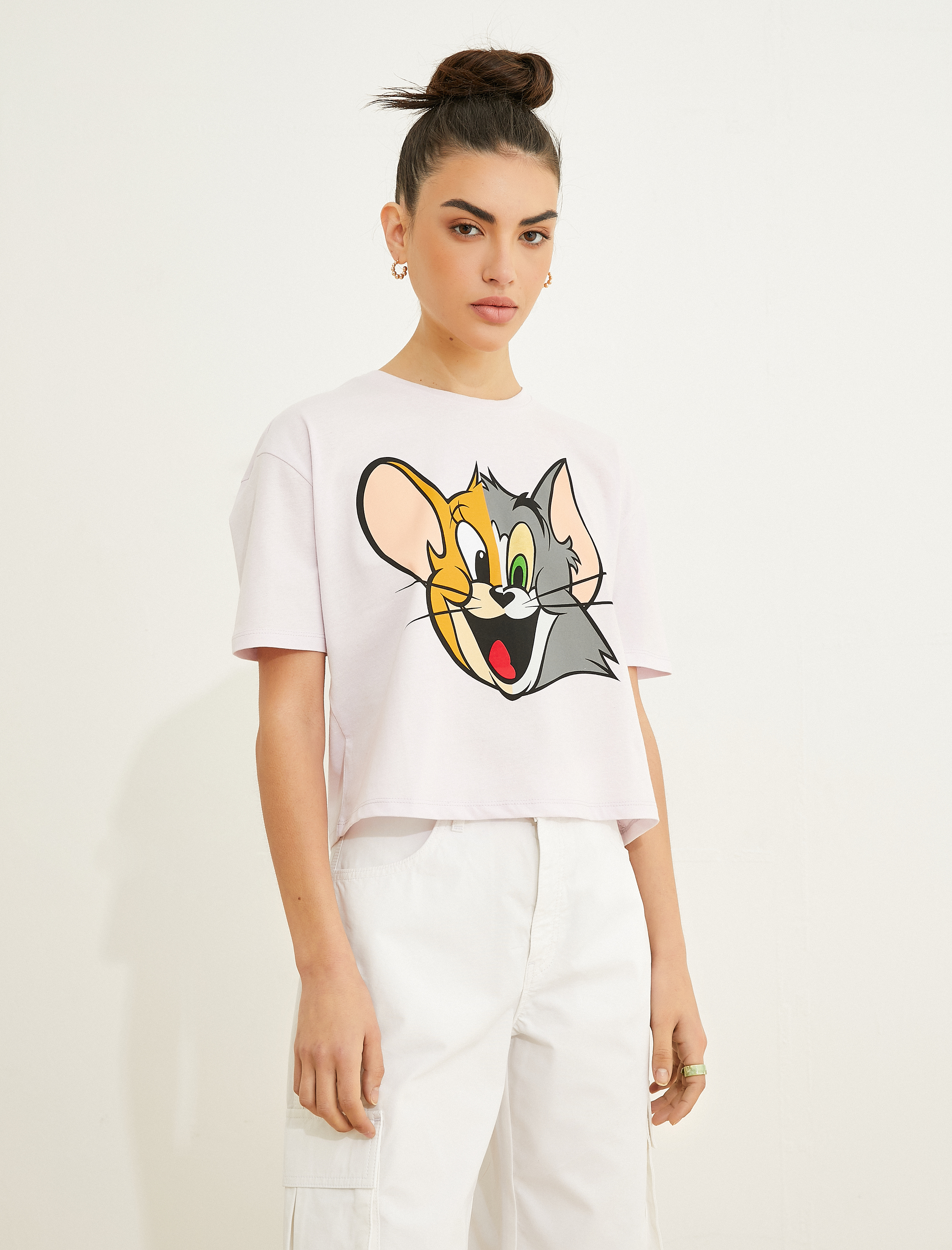   Crop Tişört Tom ve Jerry Lisanslı Kısa Kollu Bisiklet Yaka