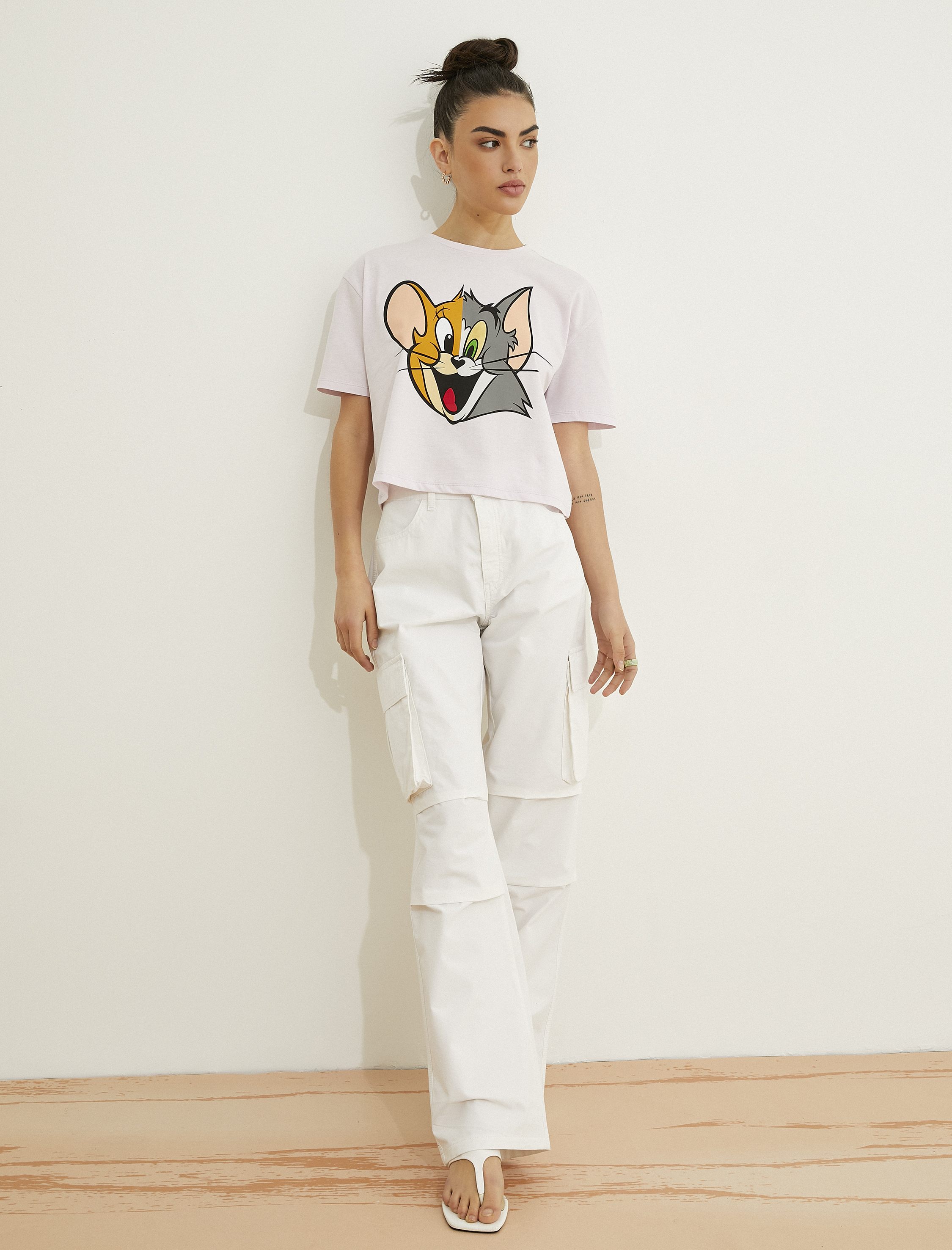 トップス yw Mor Crop Tişört Tom ve Jerry Lisanslı Kısa Kollu Bisiklet Yaka