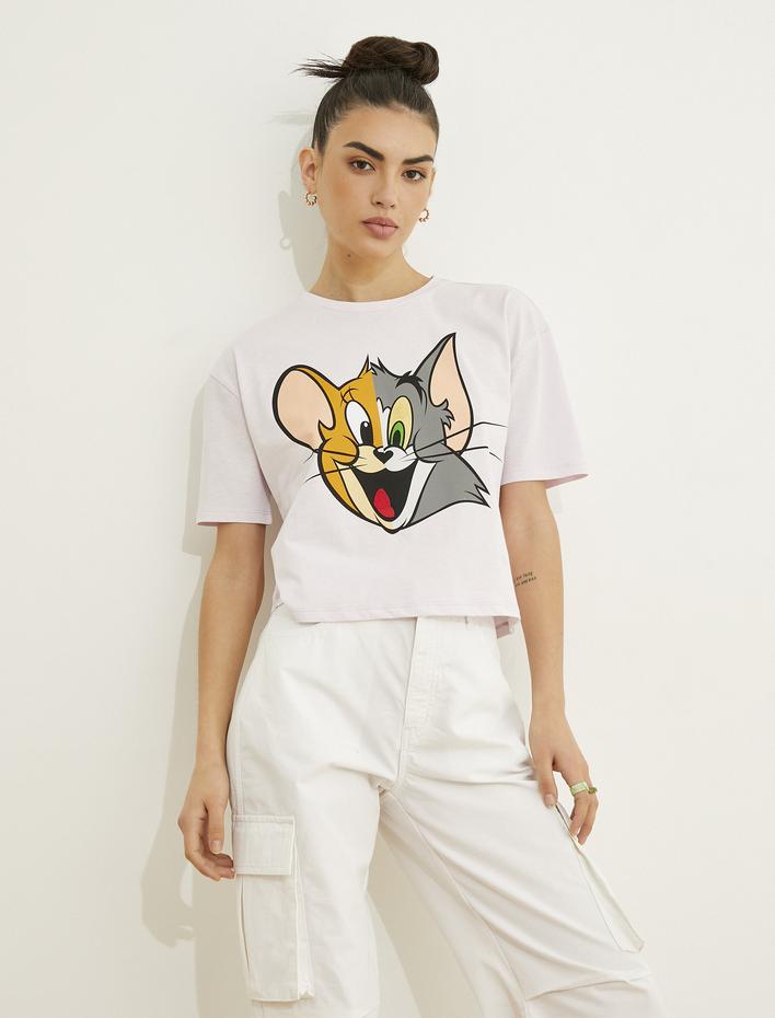  Crop Tişört Tom ve Jerry Lisanslı Kısa Kollu Bisiklet Yaka