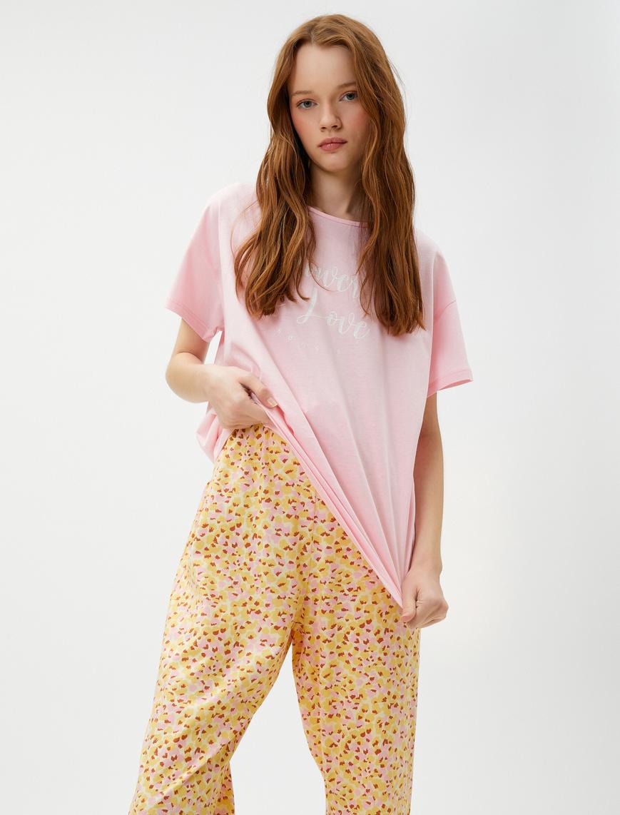   Pamuklu Pijama Takımı Kısa Kollu Desenli Baskılı