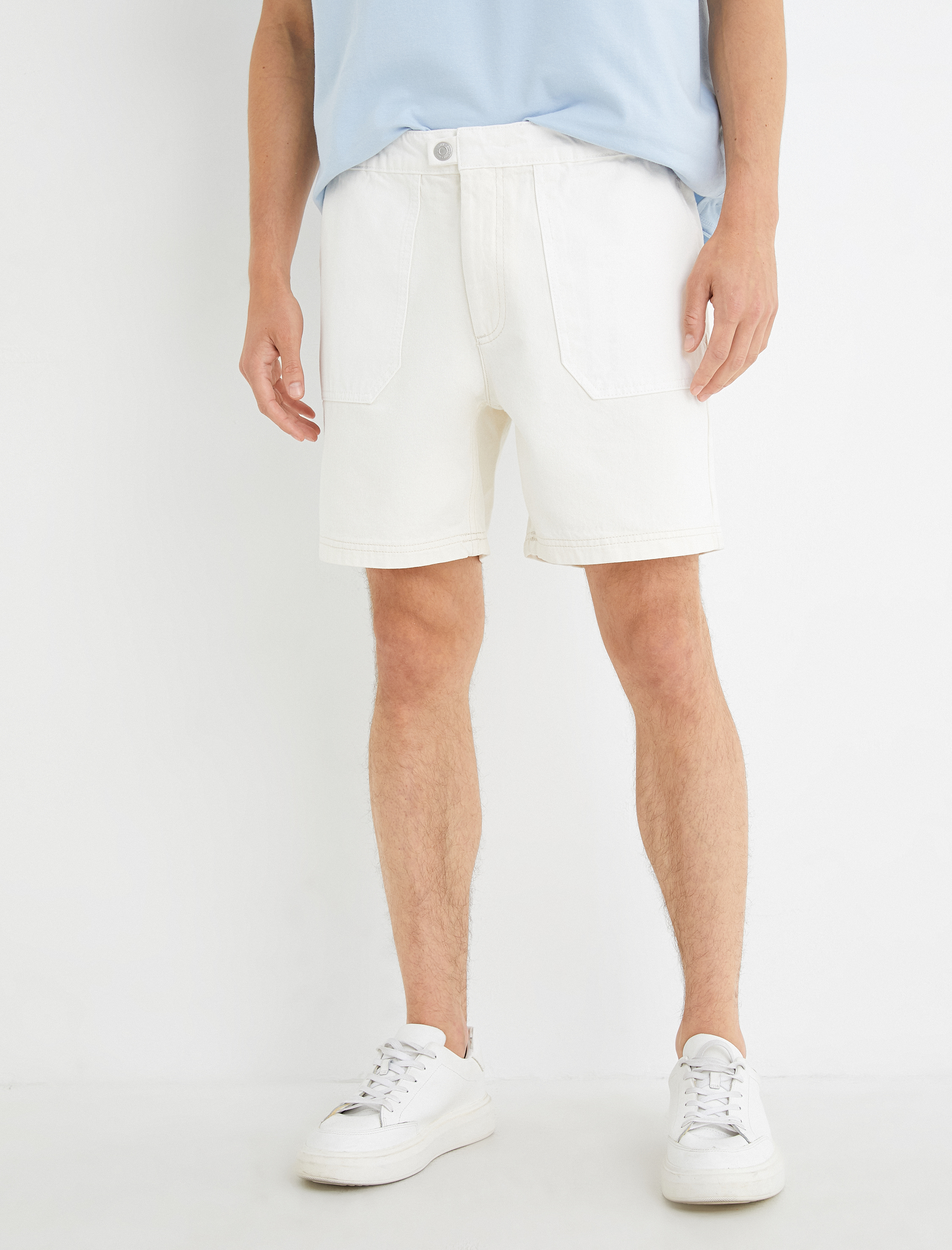   Kot Şort Beli Lastikli Düğmeli Cep Detaylı Katlı Paça