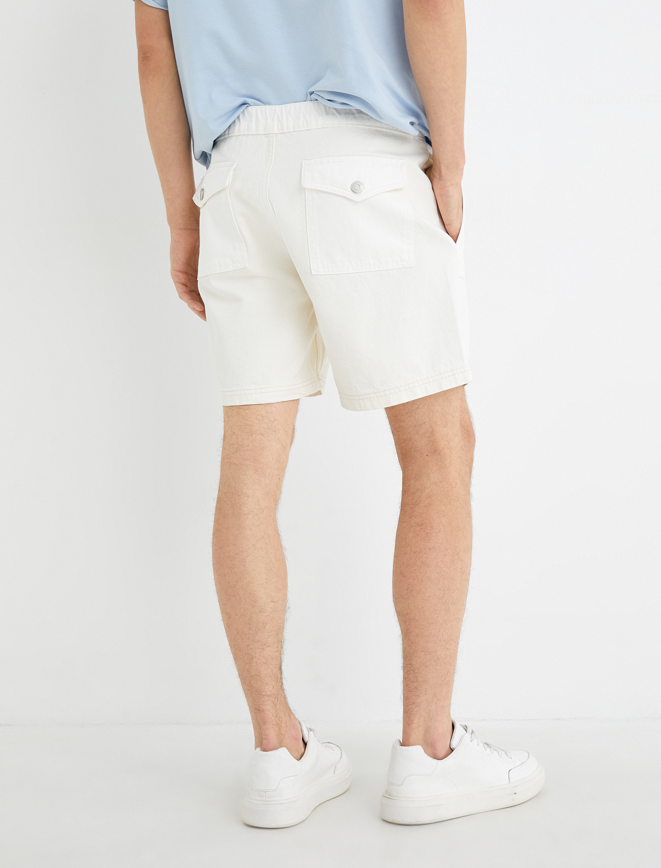   Kot Şort Beli Lastikli Düğmeli Cep Detaylı Katlı Paça