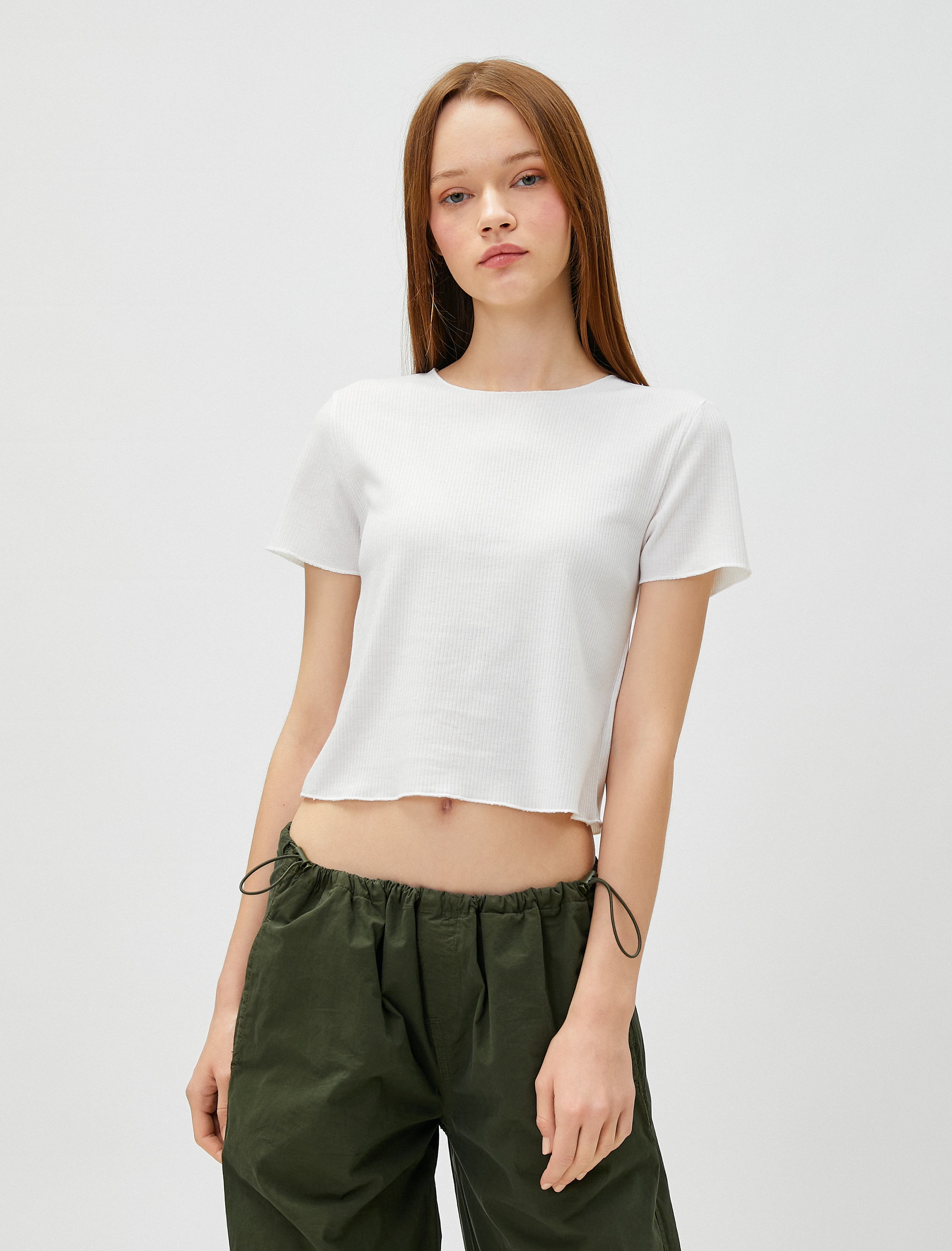   Crop Tişört Bisiklet Yaka Kısa Kollu Fitilli