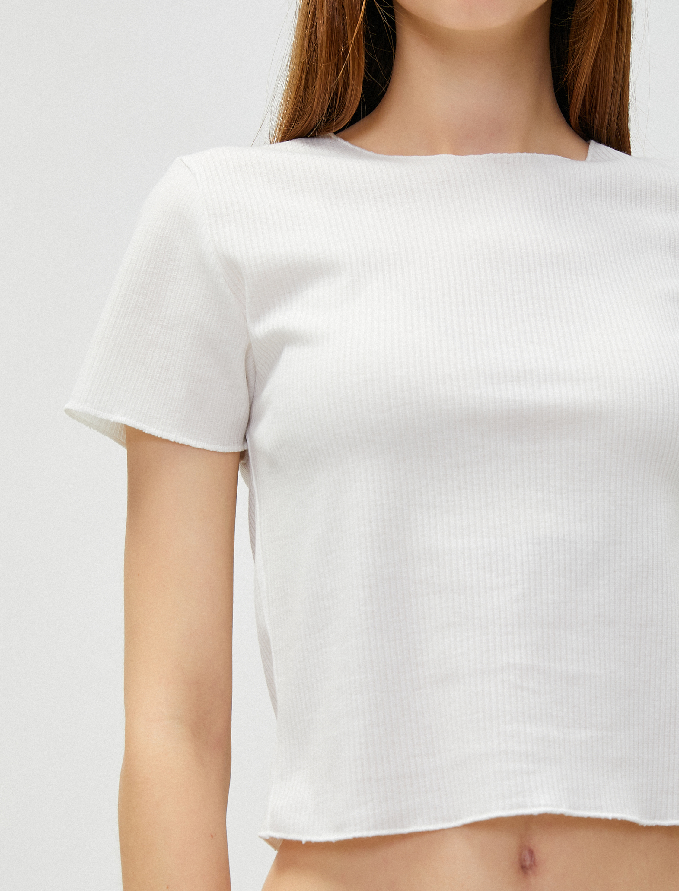   Crop Tişört Bisiklet Yaka Kısa Kollu Fitilli