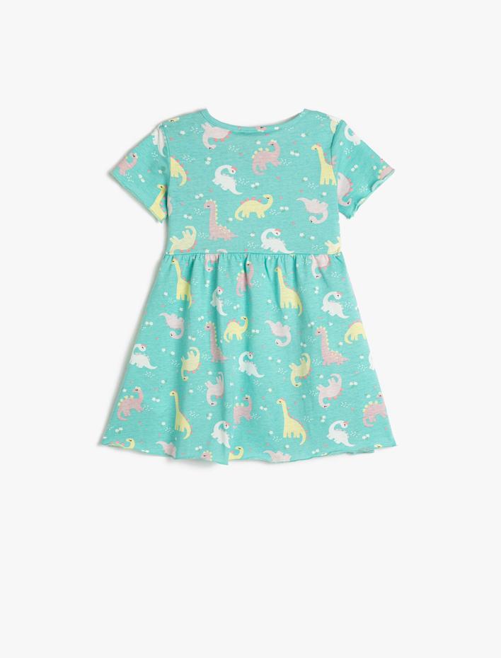 Kız Bebek Elbise Pamuklu Kısa Kollu Yuvarlak Yaka Dinozor Baskılı