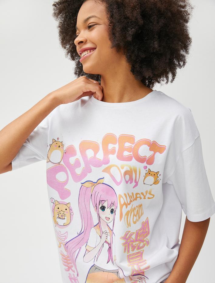  Anime Oversize Tişört Kısa Kollu Bisiklet Yaka Pamuklu