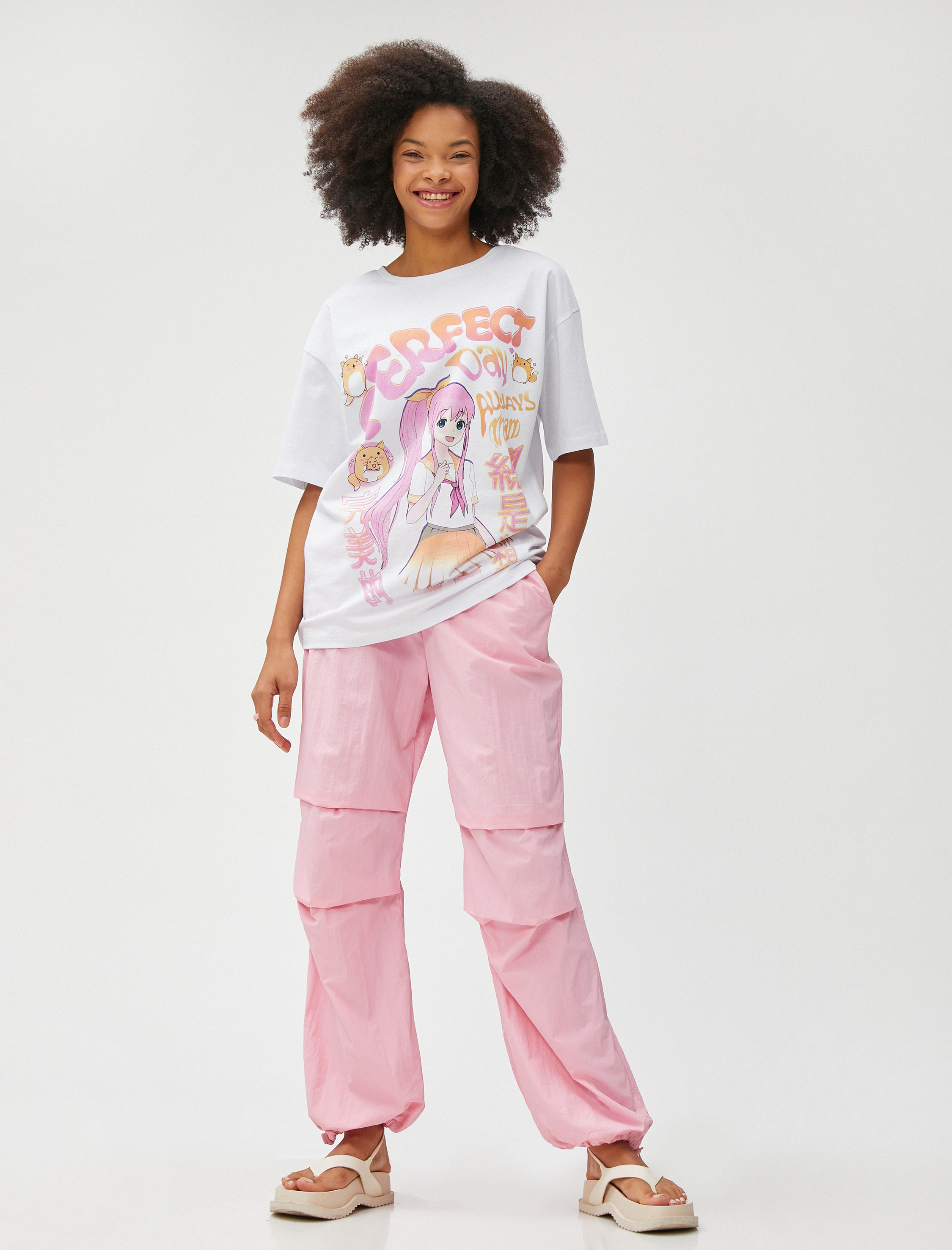   Anime Oversize Tişört Kısa Kollu Bisiklet Yaka Pamuklu