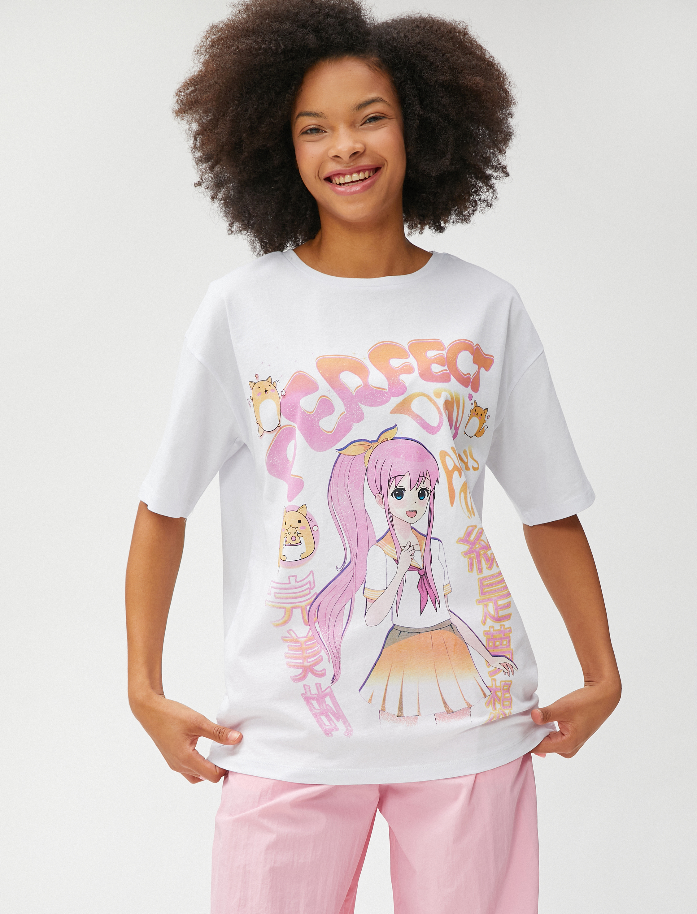   Anime Oversize Tişört Kısa Kollu Bisiklet Yaka Pamuklu