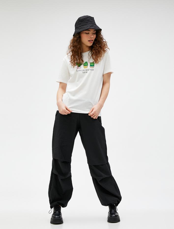  Baskılı Tişört Bisiklet Yaka Kısa Kollu Pamuklu