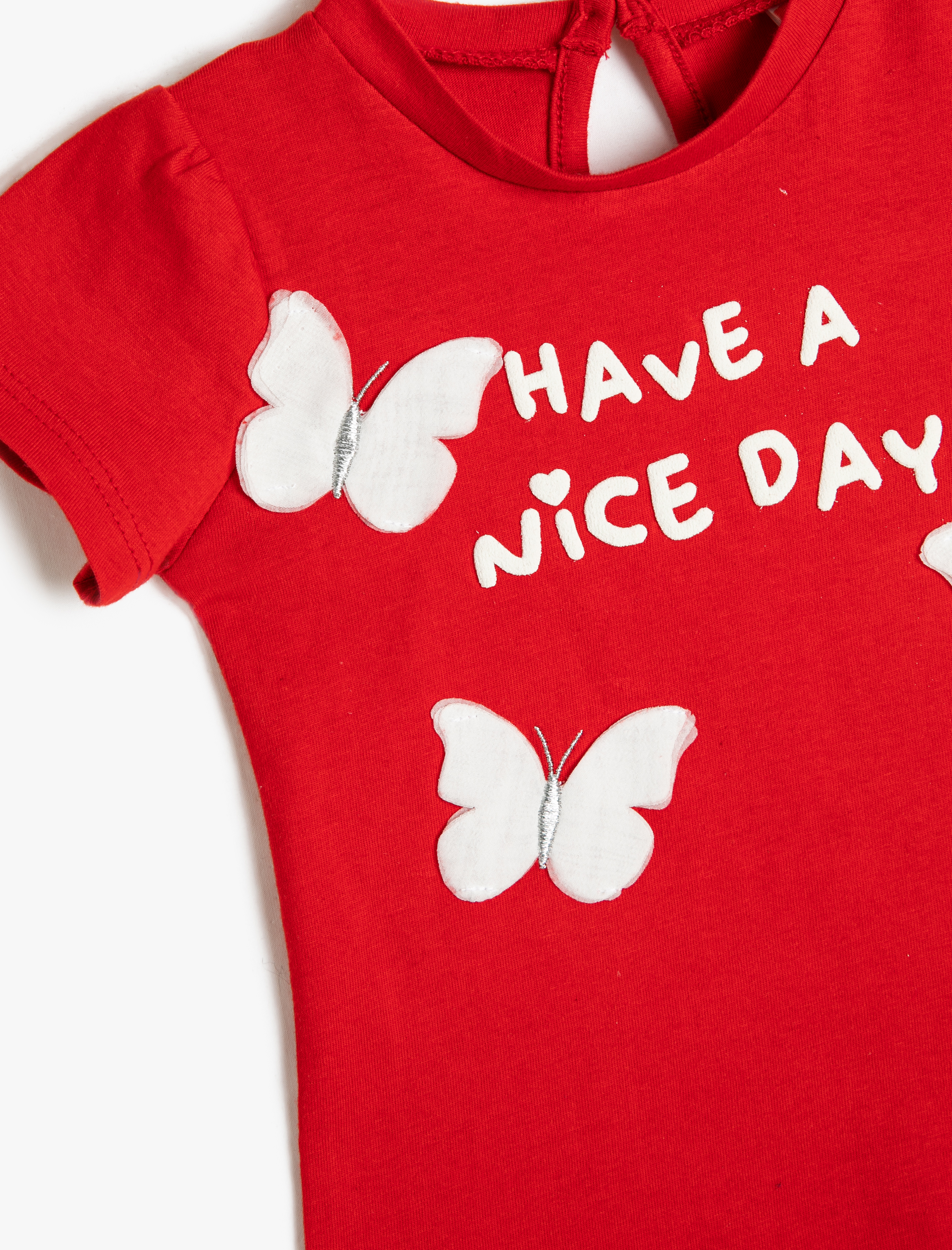 Kız Bebek Kelebek İşlemeli Tişört Slogan Detaylı Bisiklet Yaka Kısa Kollu