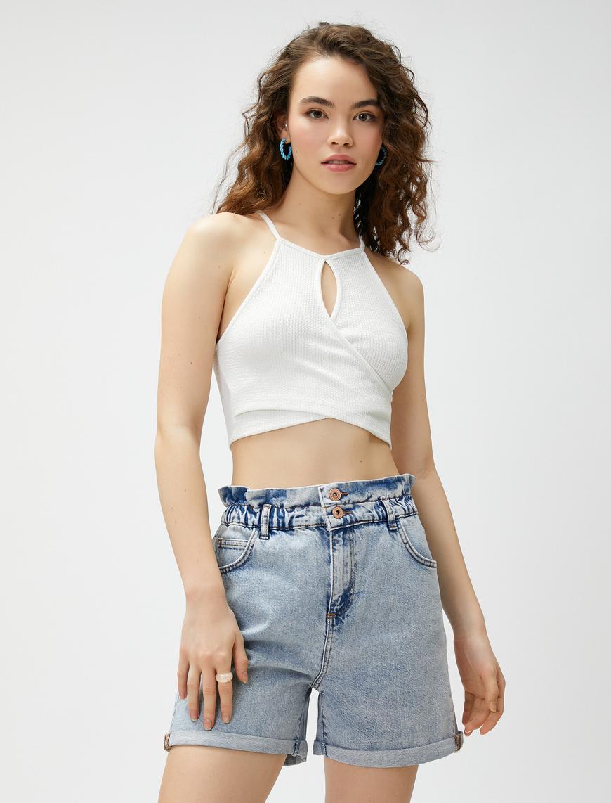   Crop Fitilli Atlet Halter Yaka Pencere Detaylı