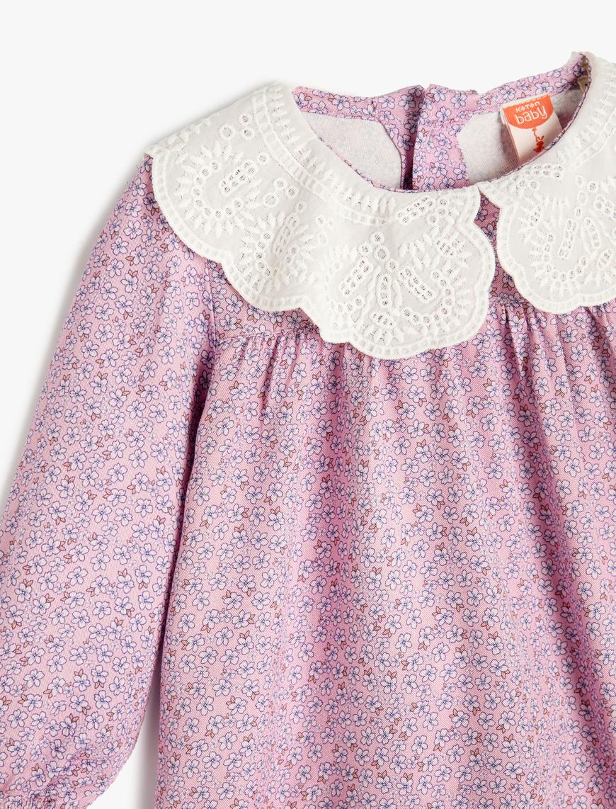  Kız Bebek Elbise Çiçekli Bebe Yaka Uzun Kollu Manşetleri Lastikli
