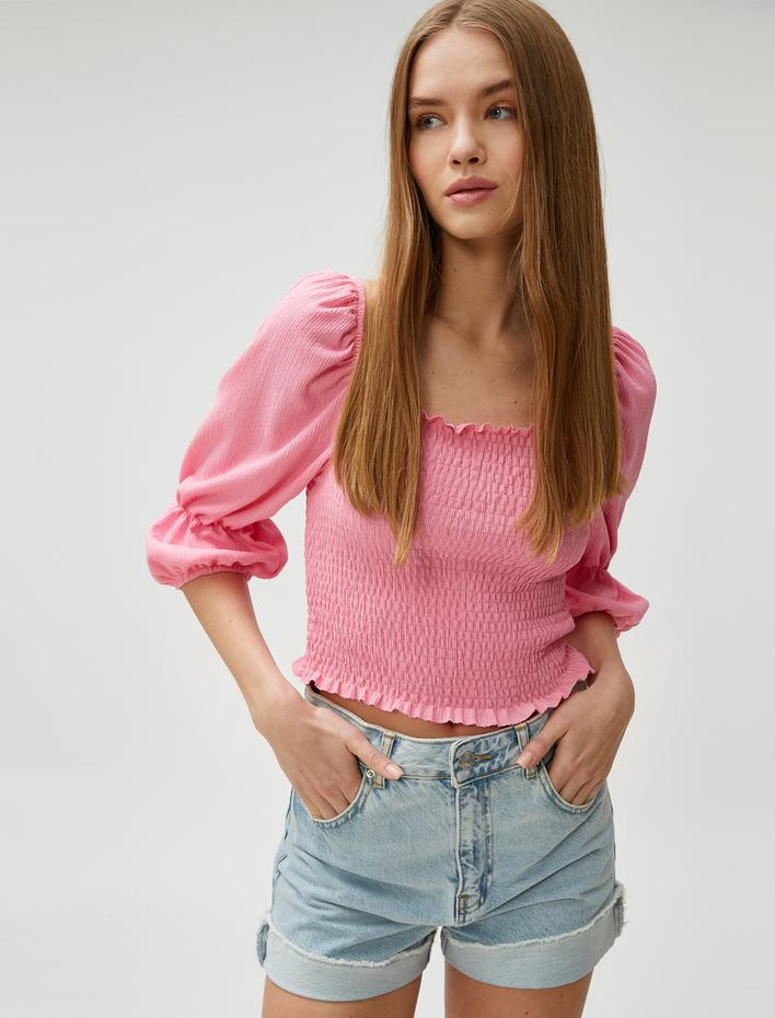  Crop Tişört Gipeli Balon Kollu Kare Yaka Bürümcük