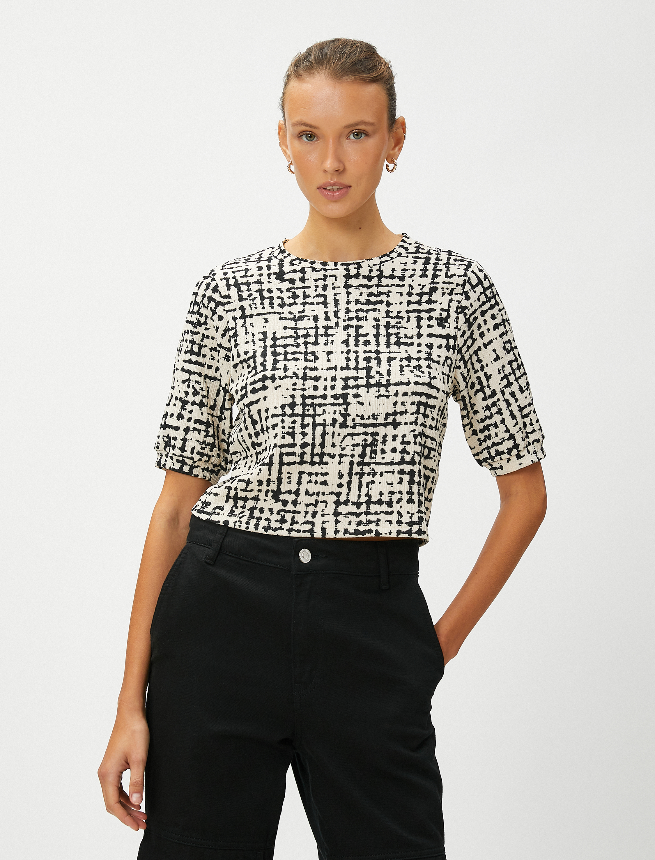   Crop Tişört Kısa Kollu Bisiklet Yaka