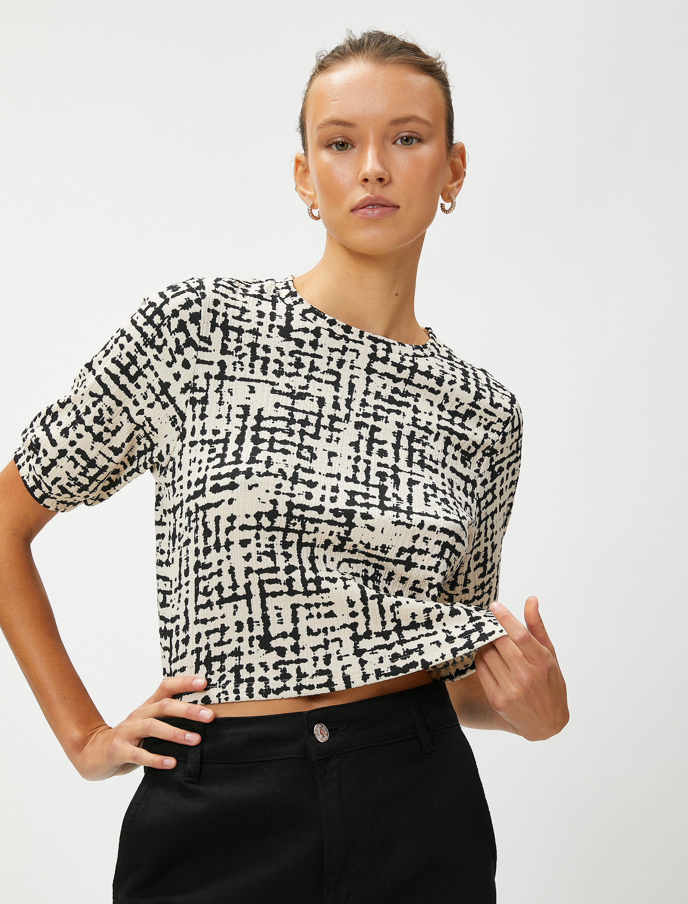   Crop Tişört Kısa Kollu Bisiklet Yaka