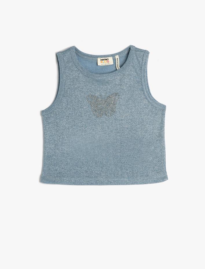 Kız Çocuk Crop Atlet Kolsuz Dar Kalıp Yuvarlak Yaka Simli