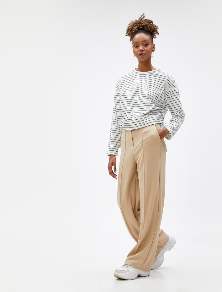  Crop Sweatshirt Bisiklet Yaka Yanları Büzgülü Uzun Kollu