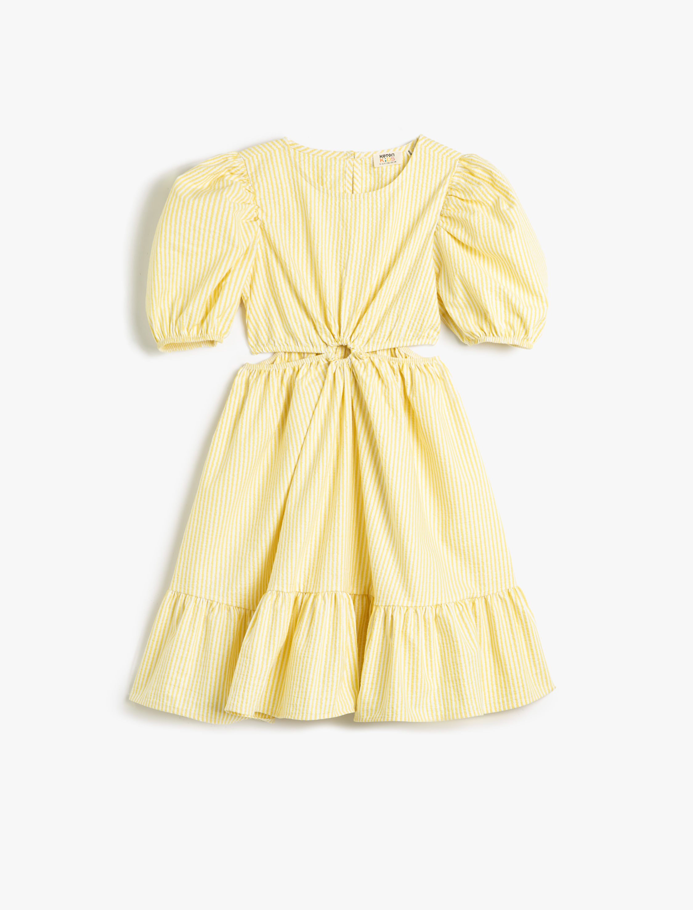  Kız Çocuk Elbise Pencere Detaylı Balon Kollu Yuvarlak Yaka Fırfırlı