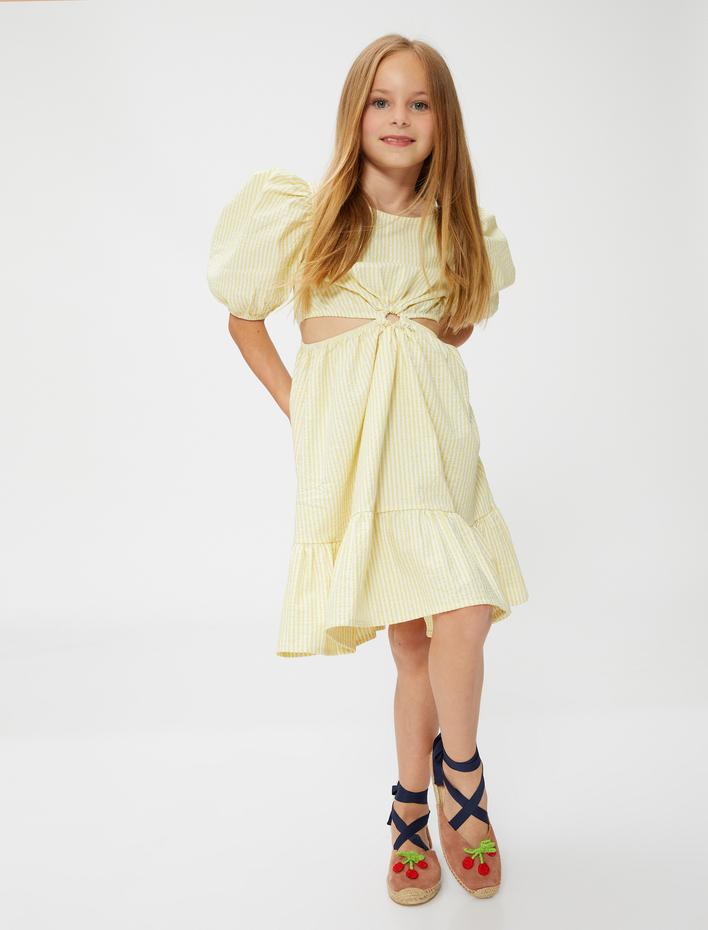 Kız Çocuk Elbise Pencere Detaylı Balon Kollu Yuvarlak Yaka Fırfırlı