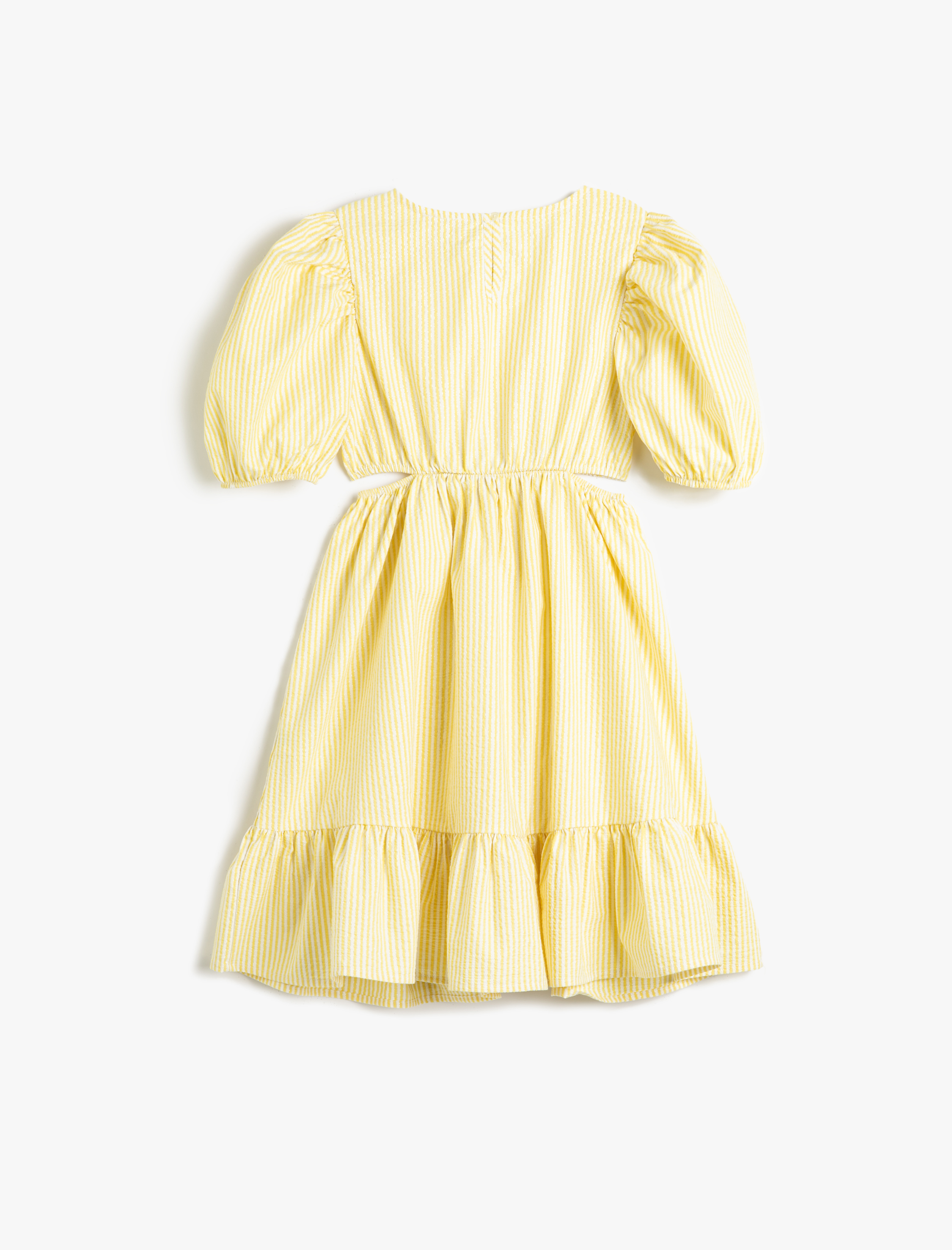  Kız Çocuk Elbise Pencere Detaylı Balon Kollu Yuvarlak Yaka Fırfırlı