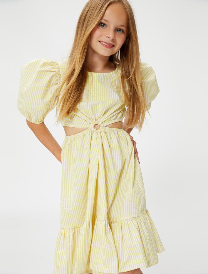 Kız Çocuk Elbise Pencere Detaylı Balon Kollu Yuvarlak Yaka Fırfırlı