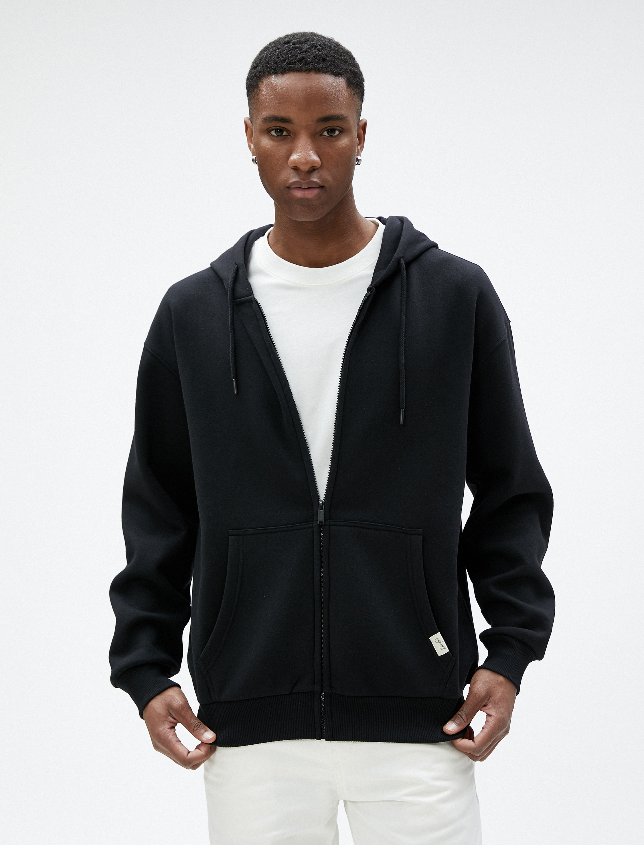 Oversize Fermuarlı Sweatshirt Kapşonlu Cep Detaylı Etiket Baskılı Şardonlu