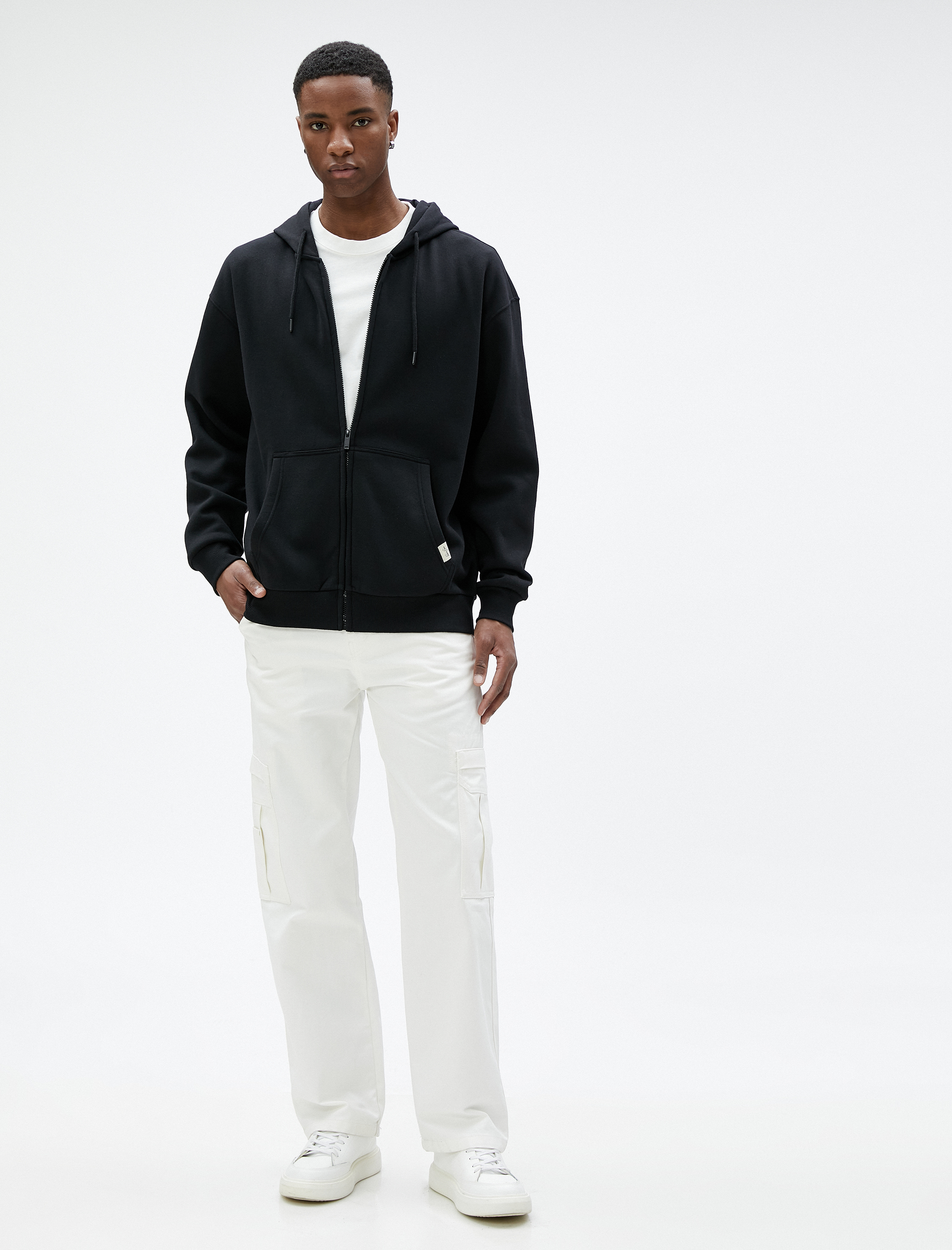Oversize Fermuarlı Sweatshirt Kapşonlu Cep Detaylı Etiket Baskılı Şardonlu