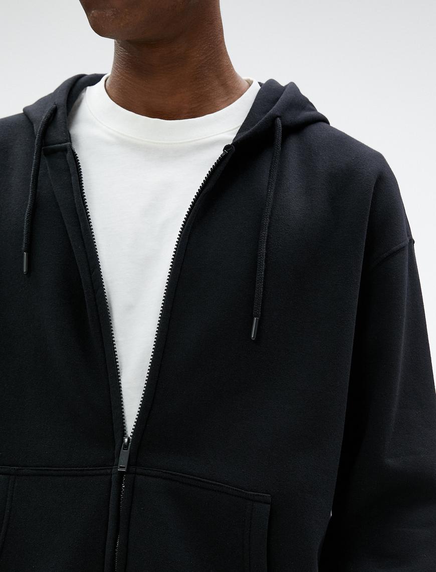   Oversize Fermuarlı Sweatshirt Kapşonlu Cep Detaylı Etiket Baskılı Şardonlu