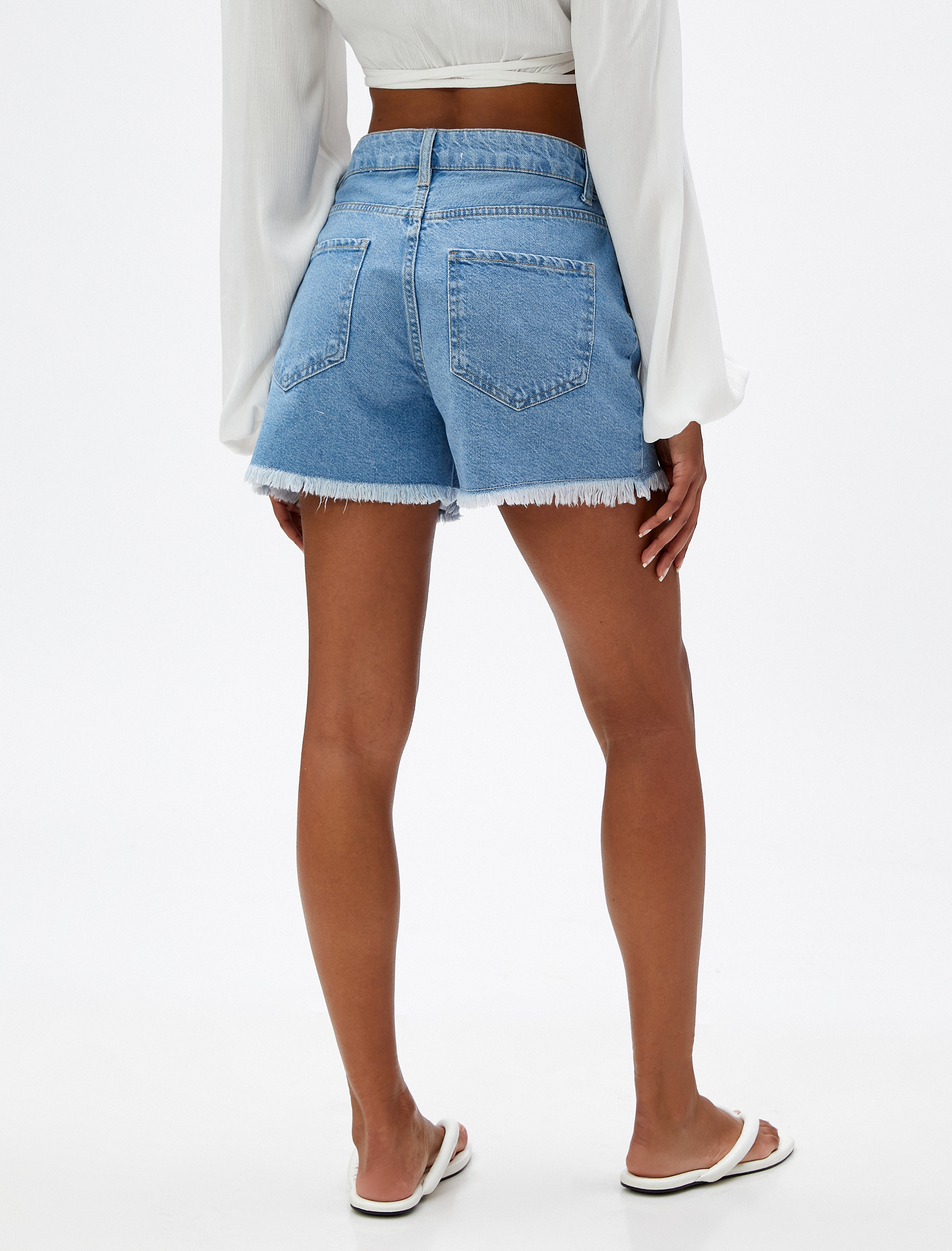   Kot Şort Yüksek Bel Yırtık Detaylı Cepli Pamuklu